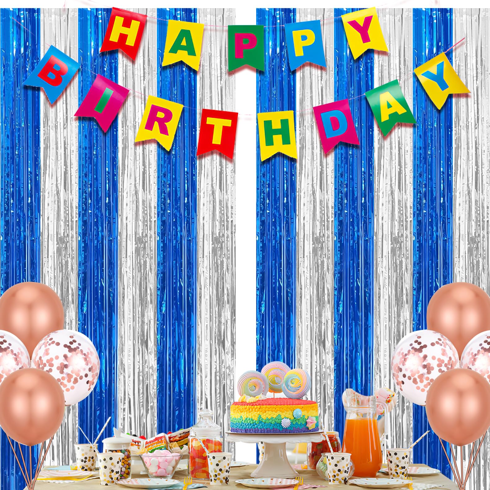 2 Pack Blue And Silver Foil Fringe Curtains Photo Booth Prop Tinsel Streamer Backdrops For Graduation Xmas Holiday Party Decorat