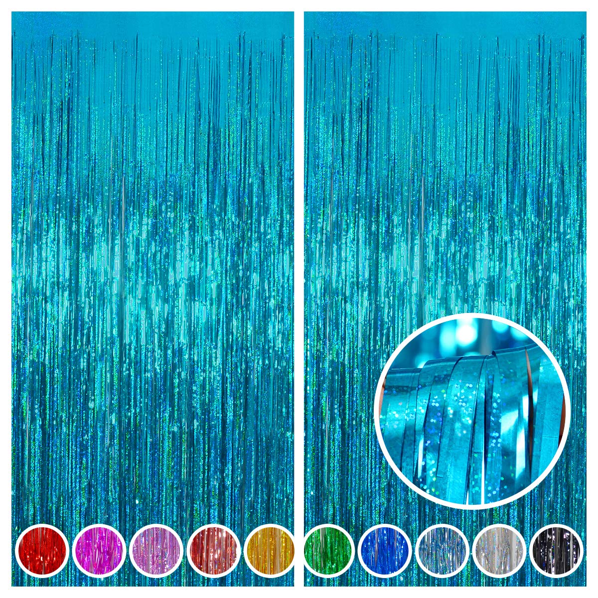 Melsan 2 Pack 3.2 Ft X 8.2 Ft Teal Tinsel Foil Fringe Curtains Backdrop, Sparkle Metallic Foil Curtains For Birthday Party Decor