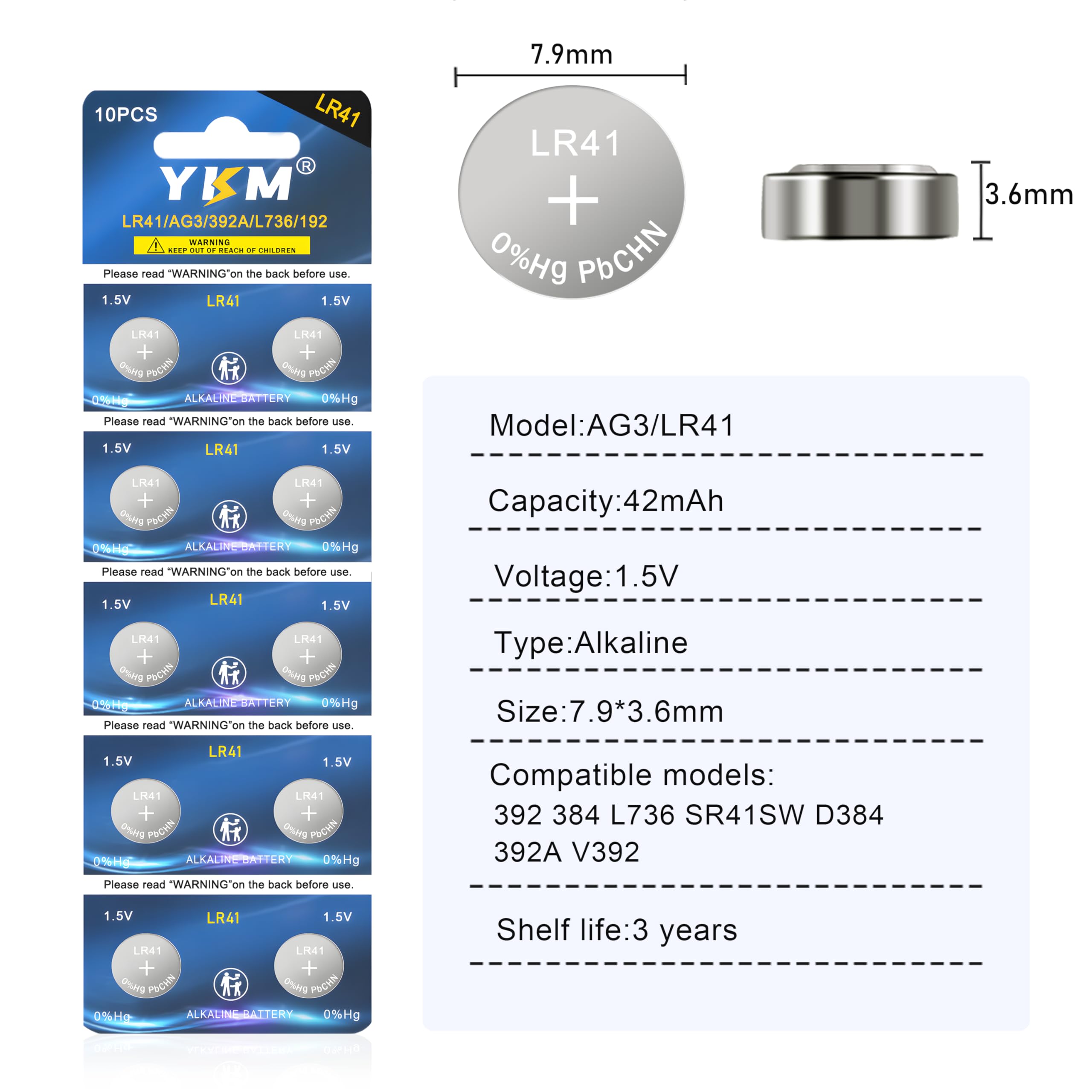 Ykm 40 Pack Lr41 Button Batteries Ag3 Lr41 L736F L736C L736 V392 192 1.5V Alkaline Batteries For Thermometer Scale Watch Battery