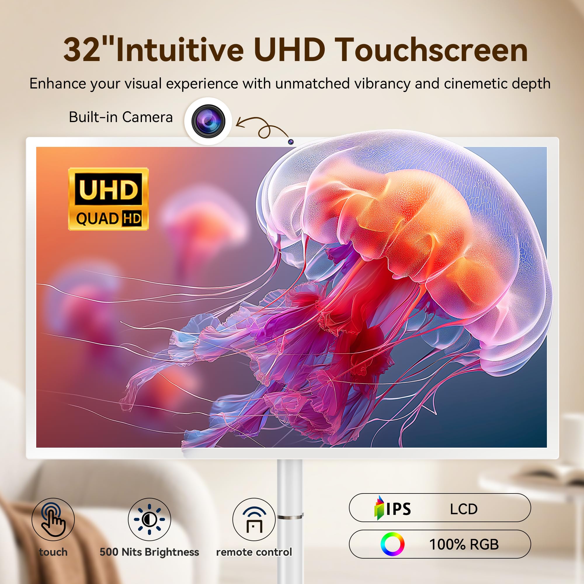 32-Inch Portable Smart Tv On Wheels With Touch Screen Monitor | 8G Ram +128G Storage | 8-Core Cpu Qualcomm | Built-In 8-10H Batt