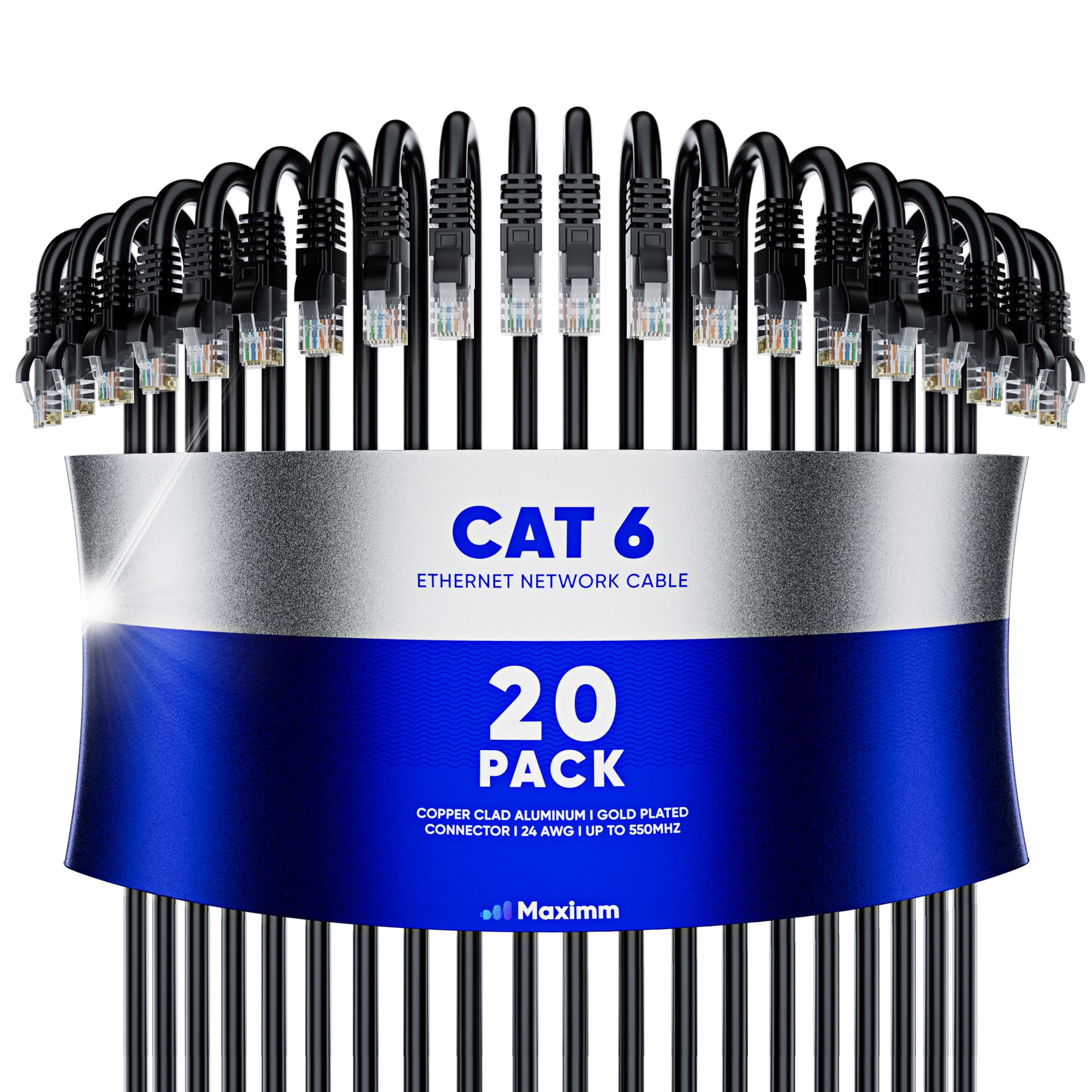 Maximm Cat 6 Ethernet Cable 1.5 Ft (20 Pack)   High Speed Lan Cable, Internet Cable, Patch Cable, And Network Cable   Utp, 10Gbps, 550Mhz Ethernet Cord   Black