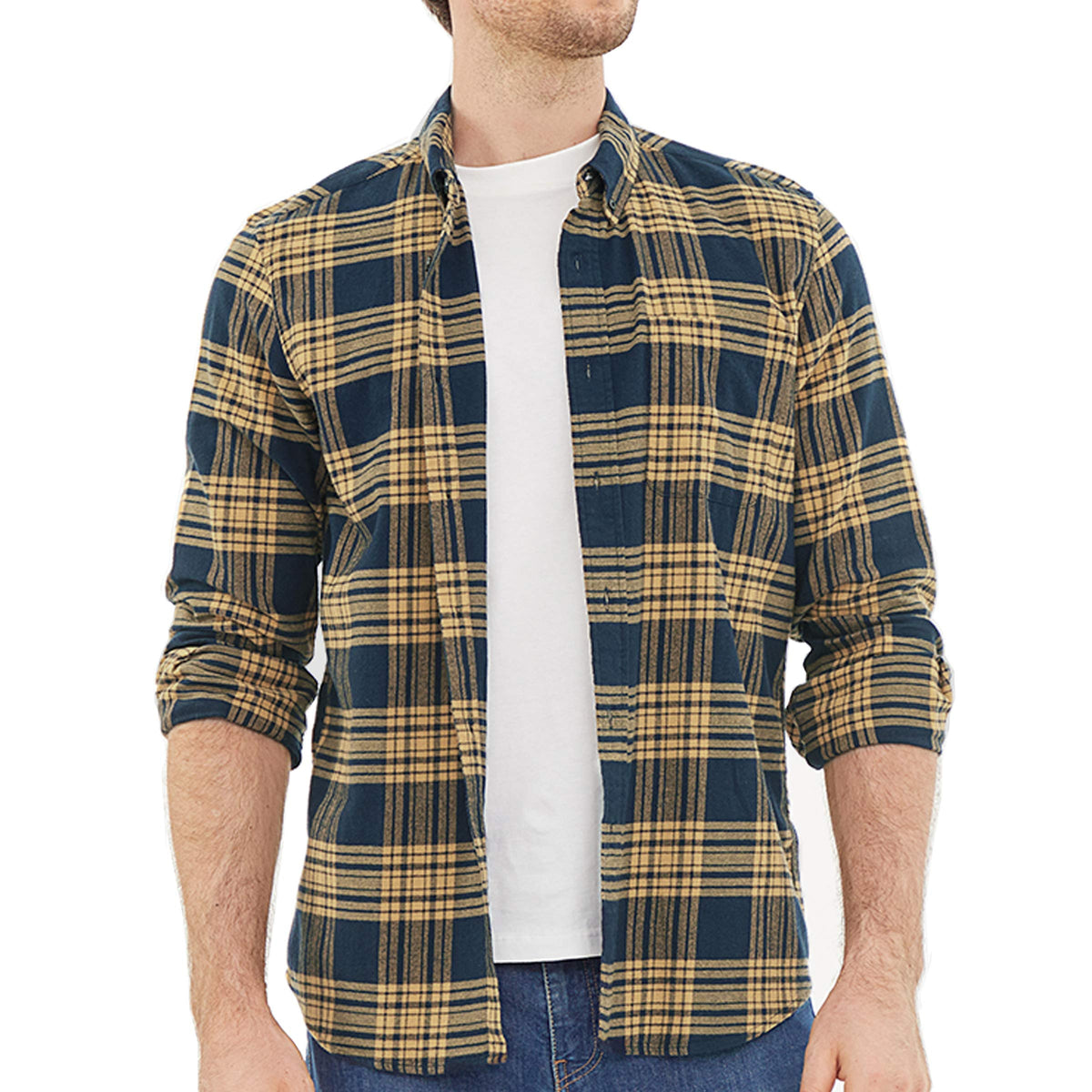 Dubinika Flannel Shirt For Men Long Sleeve Mens Casual Button Down Shirt 100 Cotton Soft Plaid Regular Fit With Pockets Navy Yel