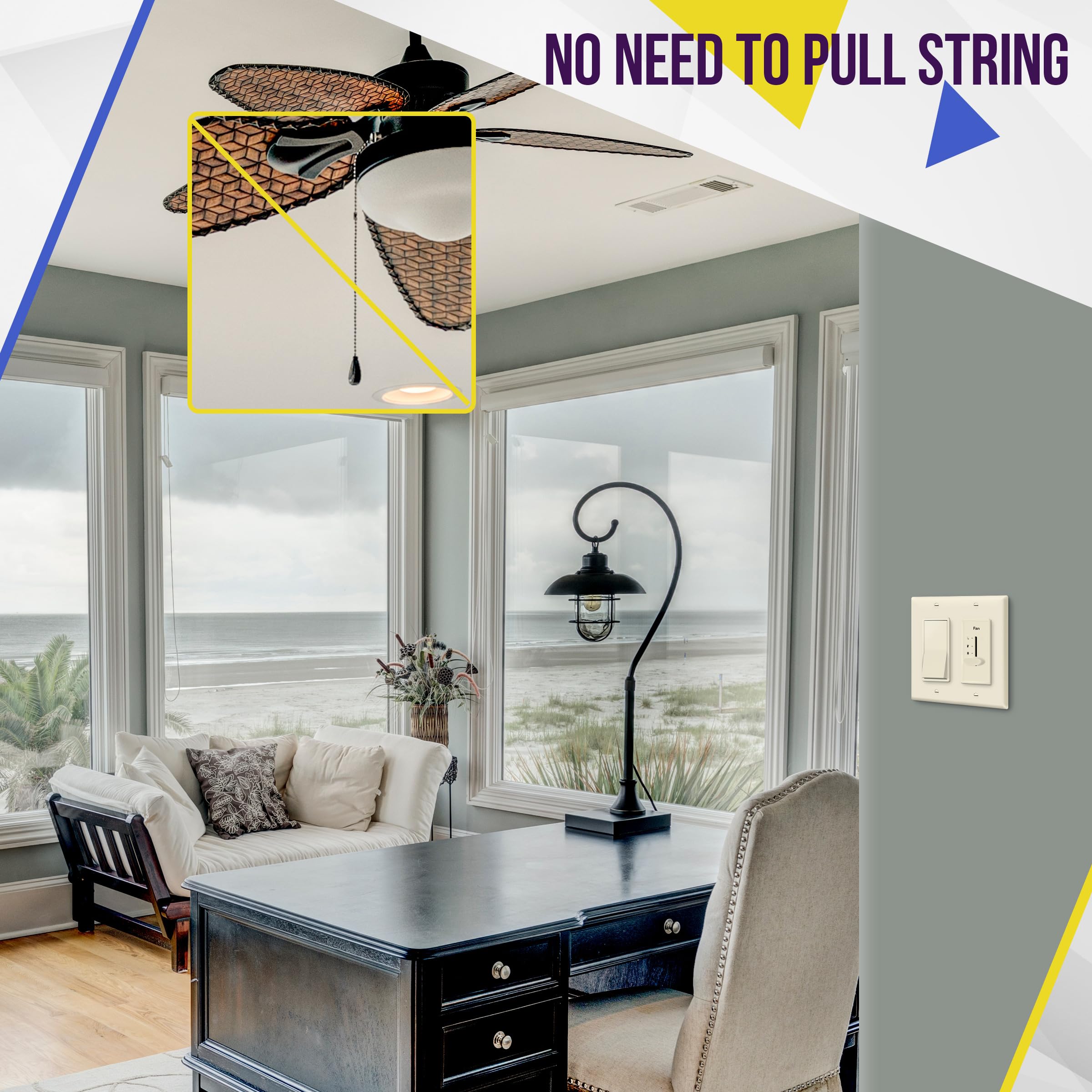 Enerlites 3 Speed In Wall Ceiling Fan Control, Slide Switch, 120Vac, 2.5A, Single Pole, No Neutral Wire Required, 17000 F3 La F,