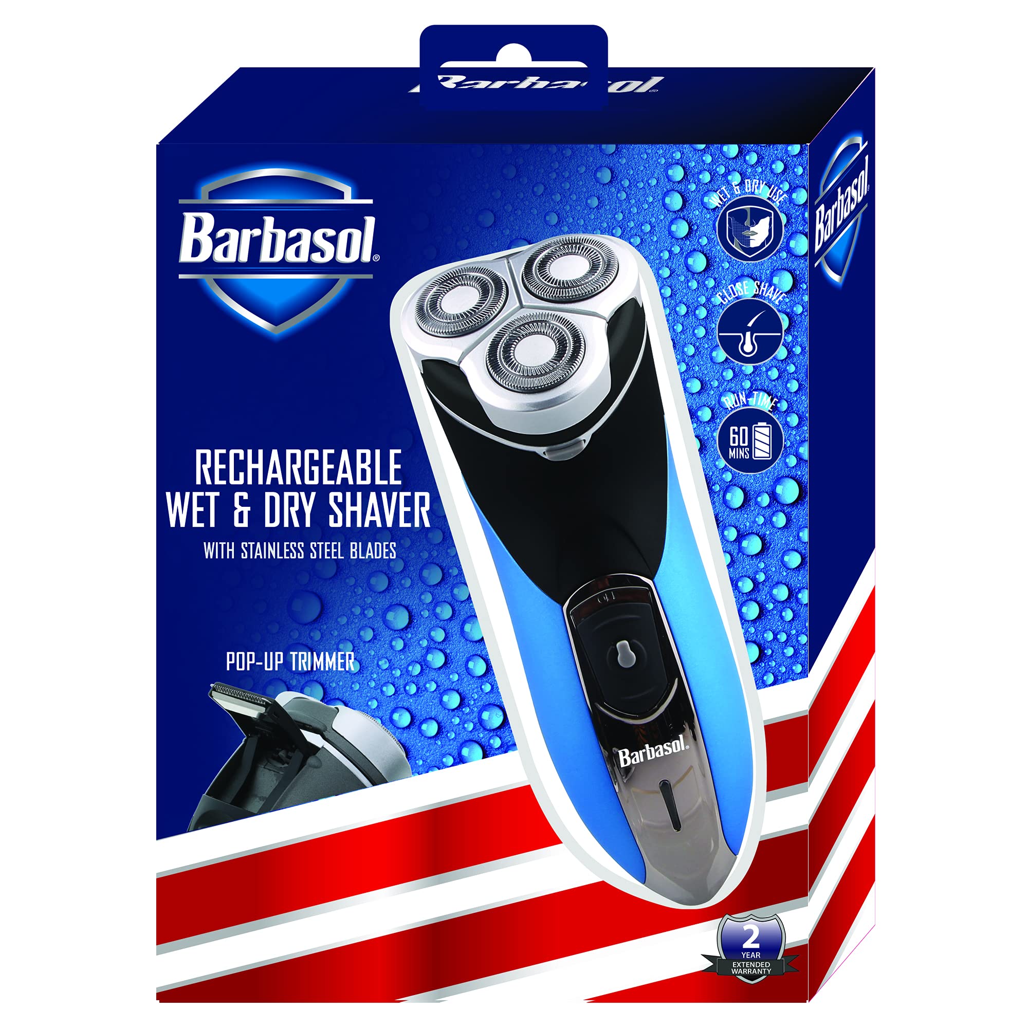 Barbasol Rechargeable Electric Wet And Dry Rotary Shaver With Stainless Steel Blades And Pop Up Trimmer