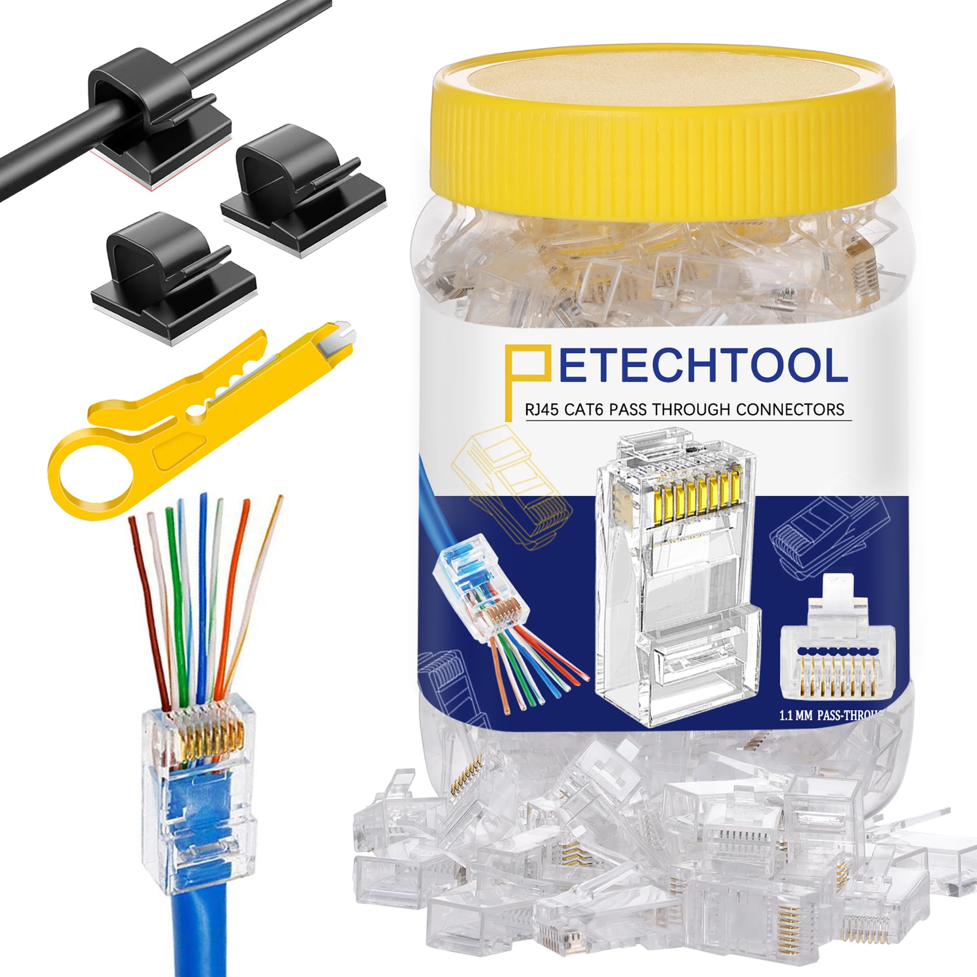 Petechtool Cat6 Rj45 Pass Through Connectors 130 Pack Cat6 Cat5 Ethernet Connector For Solid Or Stranded Utp Cable 100Pcs Cat6 Cat5E Connectors, 30Pcs Self Adhesive Cable Clips And Mini Stripper