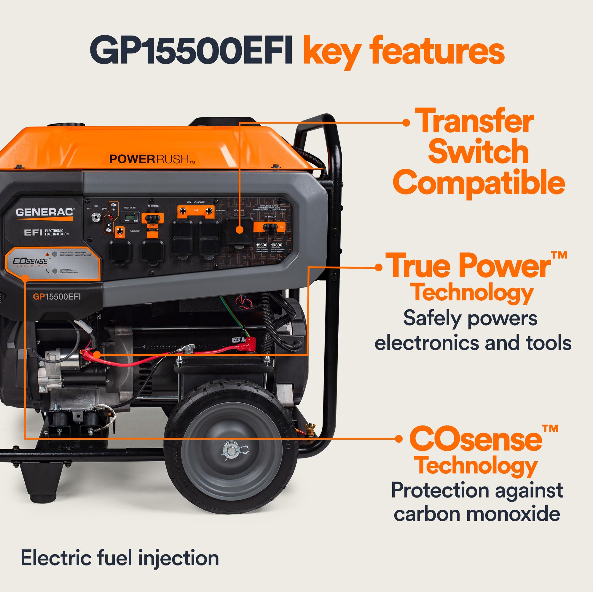 Generac 7705 Gp15500Efi 15,500 Watt Gas Powered Portable Generator   Powerful Electronic Fuel Injection Engine   Cosense Technol