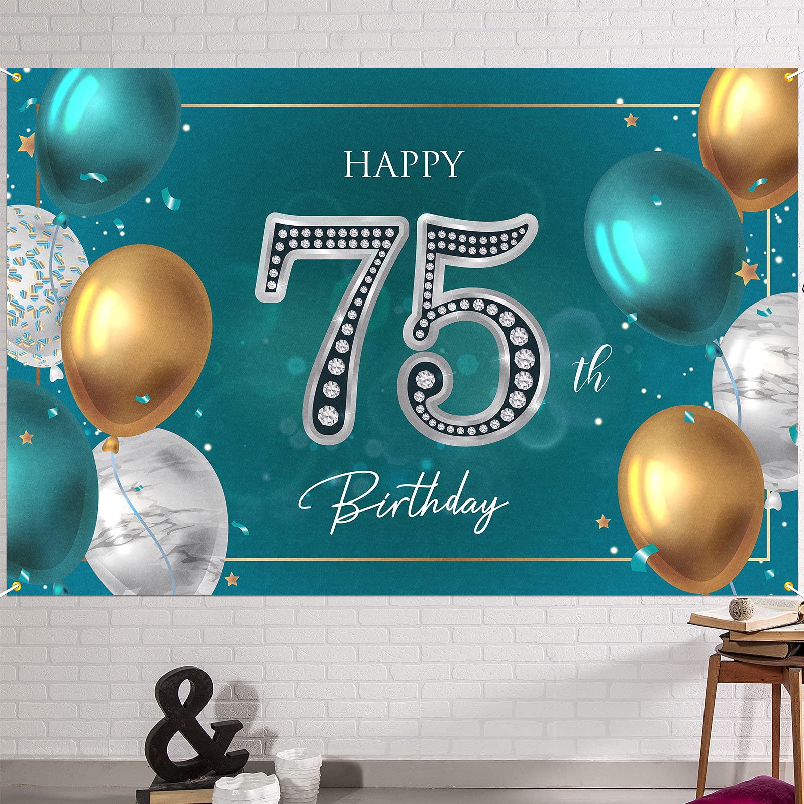 Hamigar 6X4Ft Happy 75Th Birthday Banner Backdrop   75 Years Old Birthday Decorations Party Supplies For Women Men   Green Silve