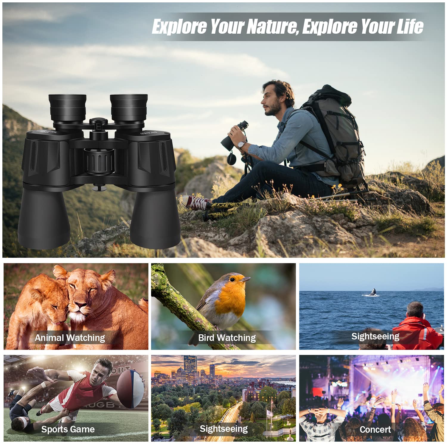 10 X 50 Binoculars For Adults, Powerful Binoculars For Bird Watching, Multi Coated Optics Durable Full Size Clear Binocular For Travel Sightseeing Outdoor Sports Games And Concerts