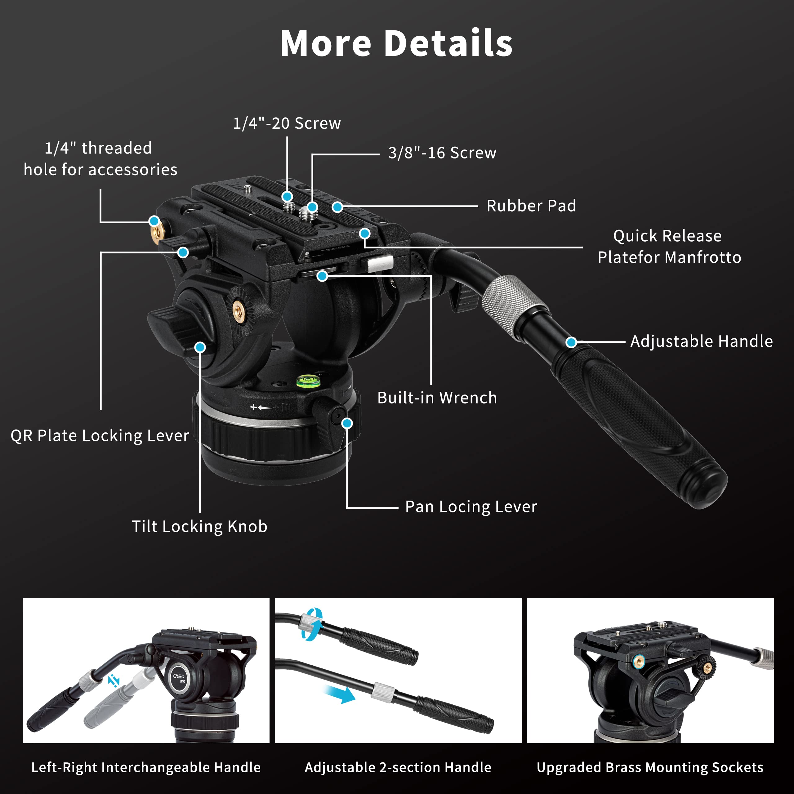 Cayer K10 Pro Video Fluid Head With 75Mm Flat Base, Adjustable Pan Drag And Telescopic Handle, Heavy Duty Tripod Fluid Head For