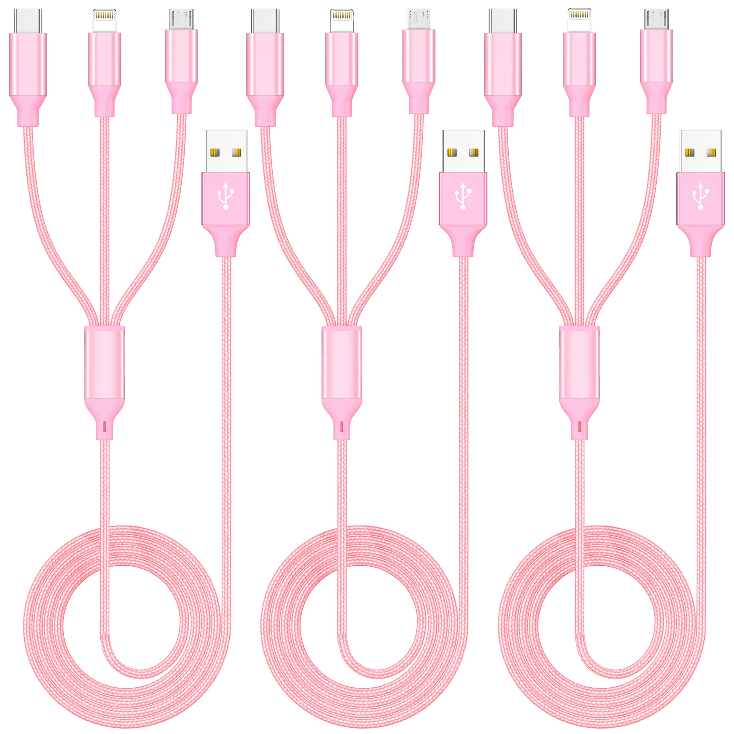 Multiple Charger Cable 3Pack 4Ft Multi Charging Cable Rapid Nylon Braided Cord Usb Charging Cable 3 In 1 Multi Phone Charger Cord With Type C Micro Lightning Usb Connectors For Cell Phones Pink