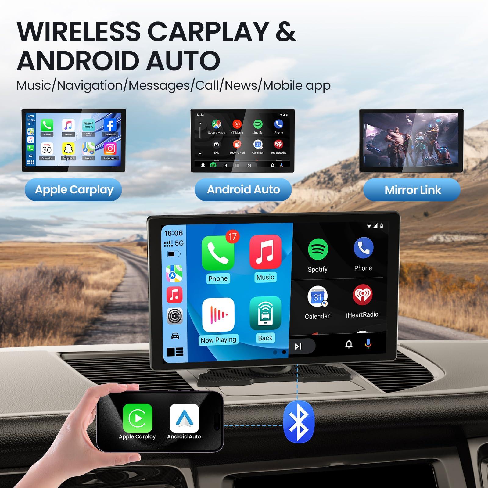 Tecxerllon 9'' Wireless Carplay Screen For Car, Portable Car Stereo With Apple Carplay & Android Auto, Car Audio Receivers With