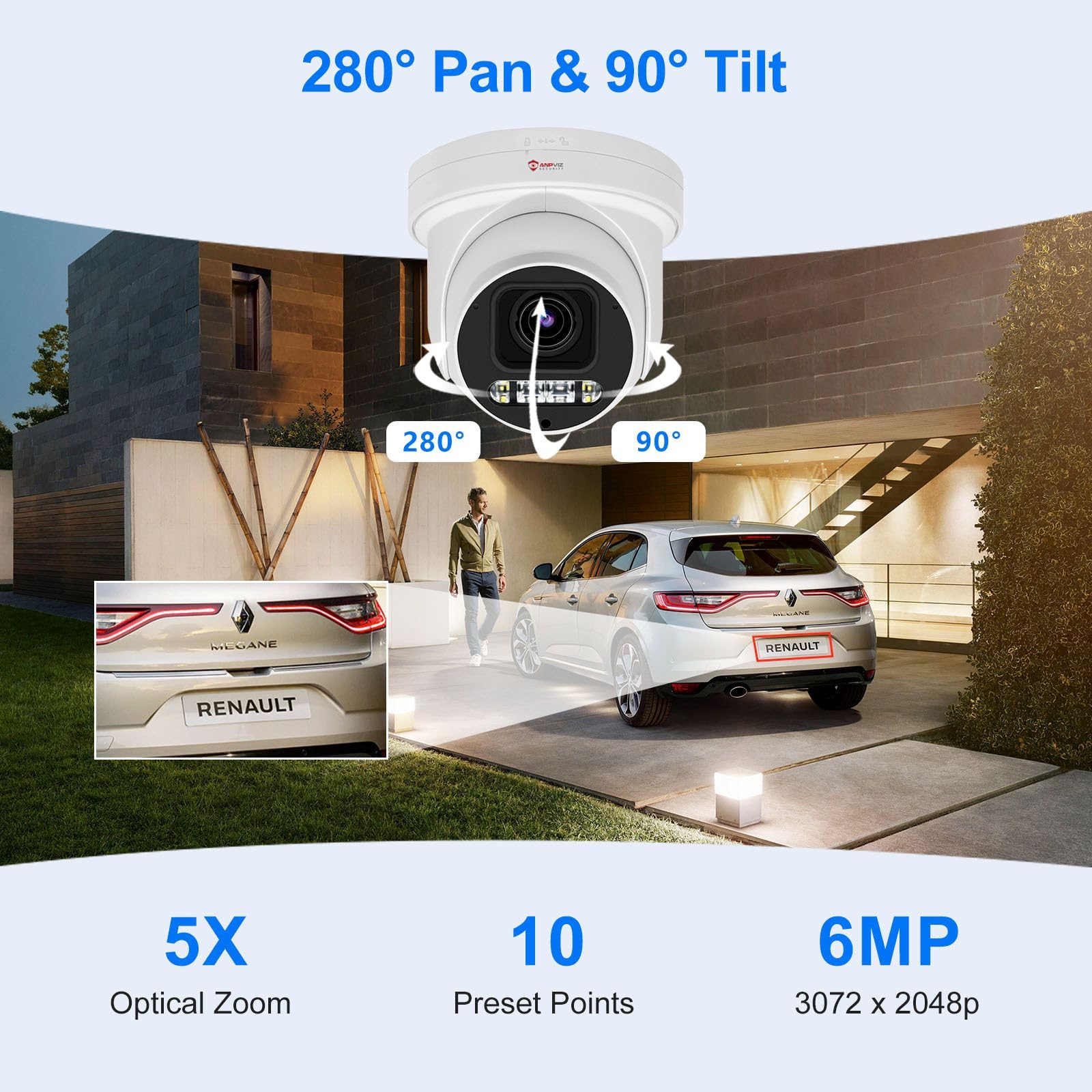 Anpviz 6Mp Poe Ptz Camera Outdoor, 5X Optical Zoom 2.7~13.5Mm Lens, Pan Tilt Zoom Ip Security Camera With Human Vehicle Detectio