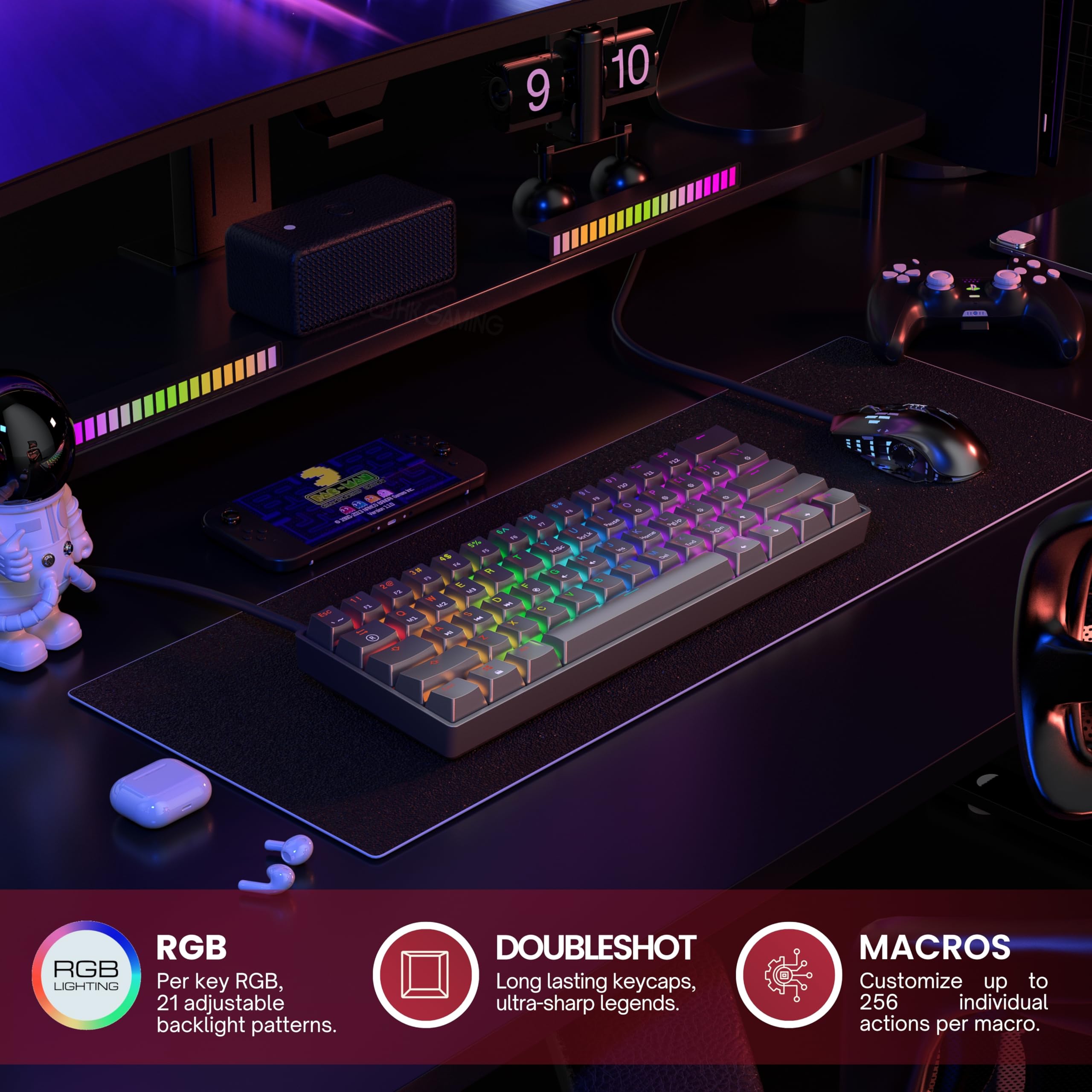 Hk Gaming Gk61 Se 60% | Mechanical Gaming Keyboard | 61 Keys Multi Color Rgb Led Backlit For Pc/Mac Gamer | Us Layout (Black, Me