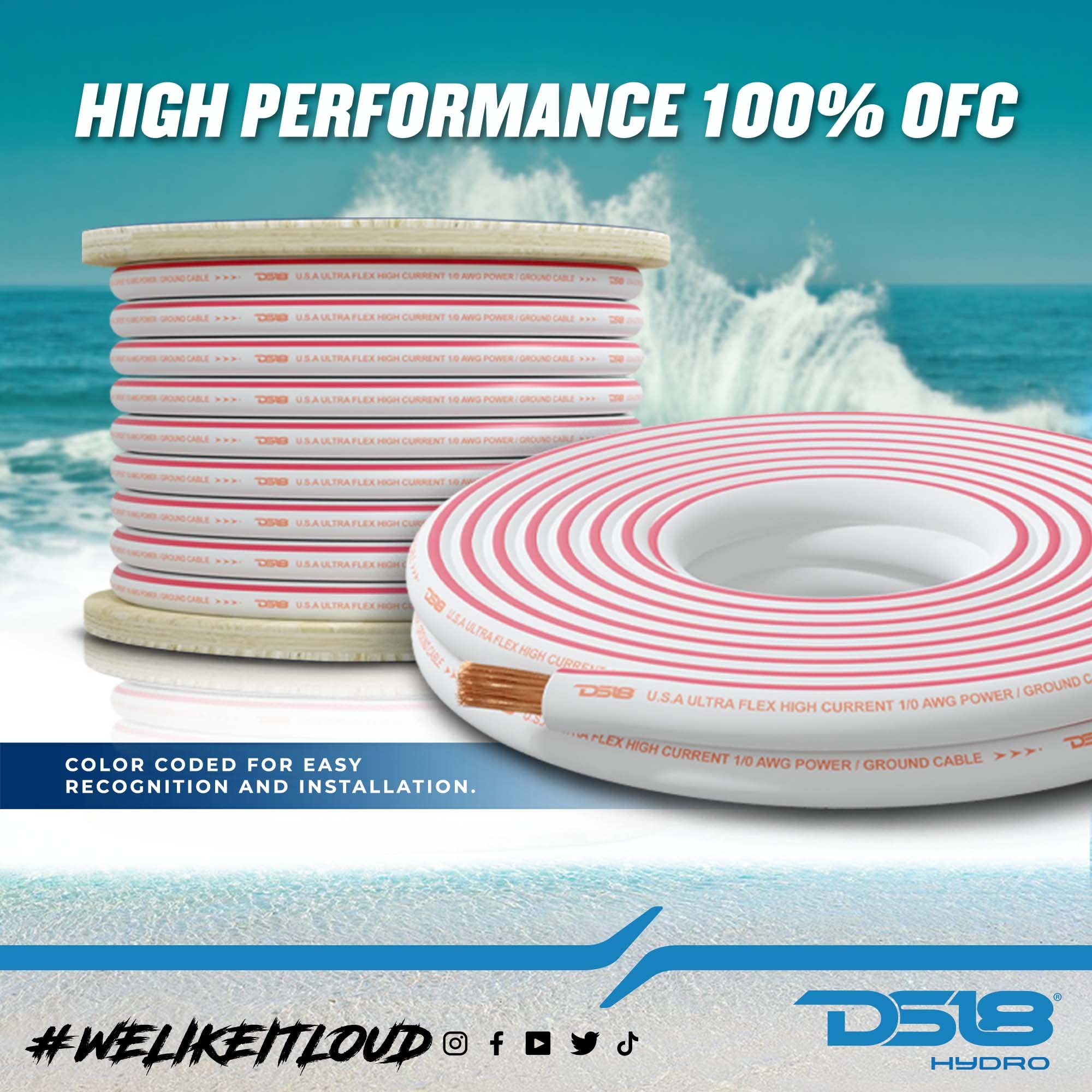 Ds18 Hydro Mofc0Ga25P Marine Wire 0 Gauge 25 Ft Tinned 100% Ofc Oxygen Free Copper Marine Grade White/Red Amplifier Amp Power/Gr