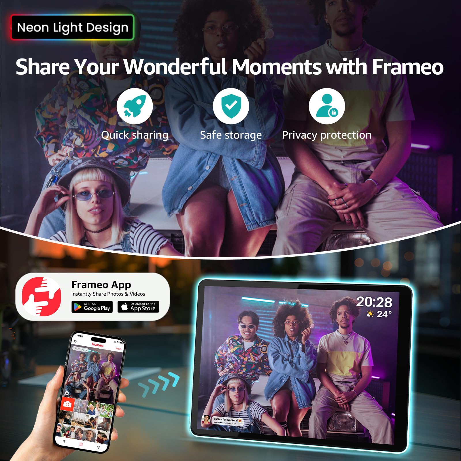 Apolosign 9.7'' Neon Light Digital Frame, 2K Resolution, The Best Digital Picture Frame For Gifting | With 2.5D Glass Ips Touchs