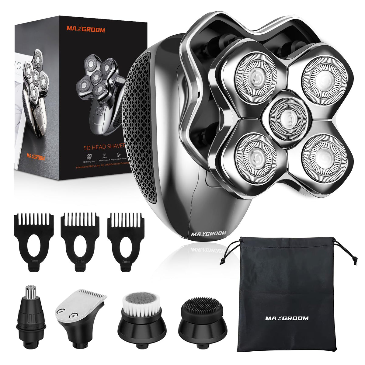Head Shavers For Bald Men, Maxgroom 5 In 1 Head Shaver 5D Electric Razor For Men, Wet/Dry Detachable Head Richargeable Rotary Sh