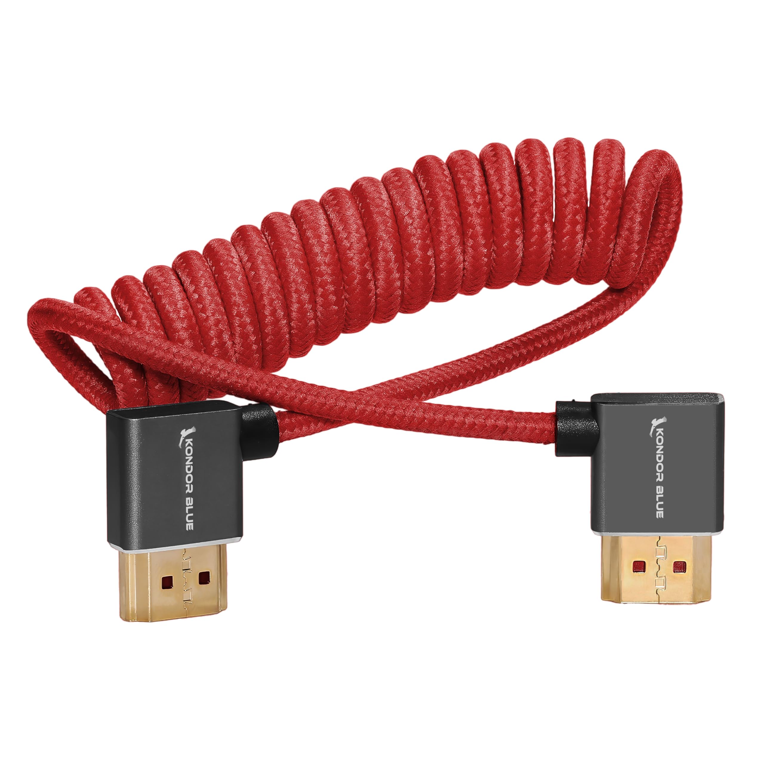 KONDOR BLUE | Right Angle Full HDMI 2.0 Coiled Cable 12-24 Braided | Type A Male to Male, 3D, 4K 60Hz, 18Gbps, HDR | for On-Came