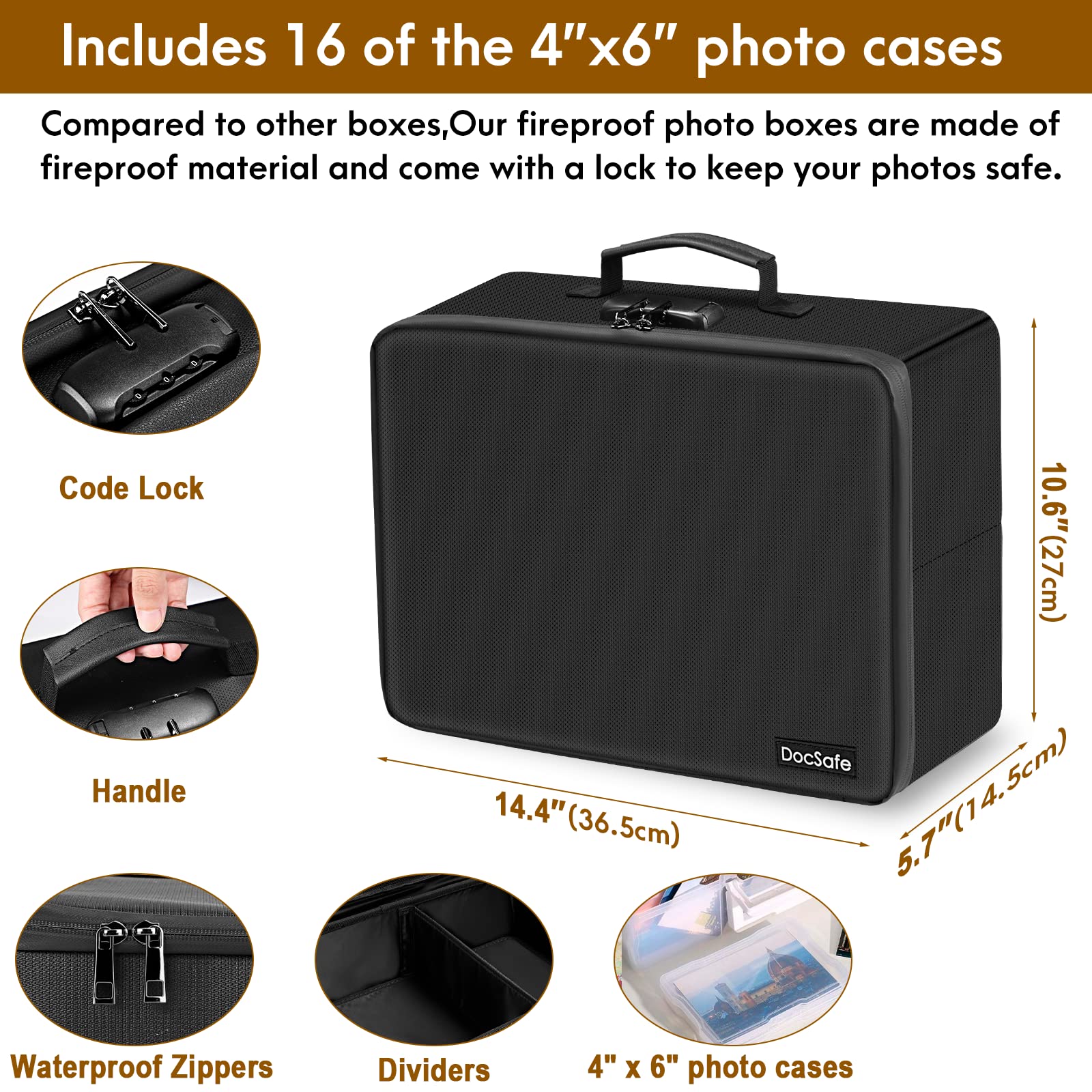 Photo Storage Box With Lock,Docsafe Fireproof Photo Organizer Box With 16 Inner 4'' X 6'' Photo Case(Clear),Collapsible Portable