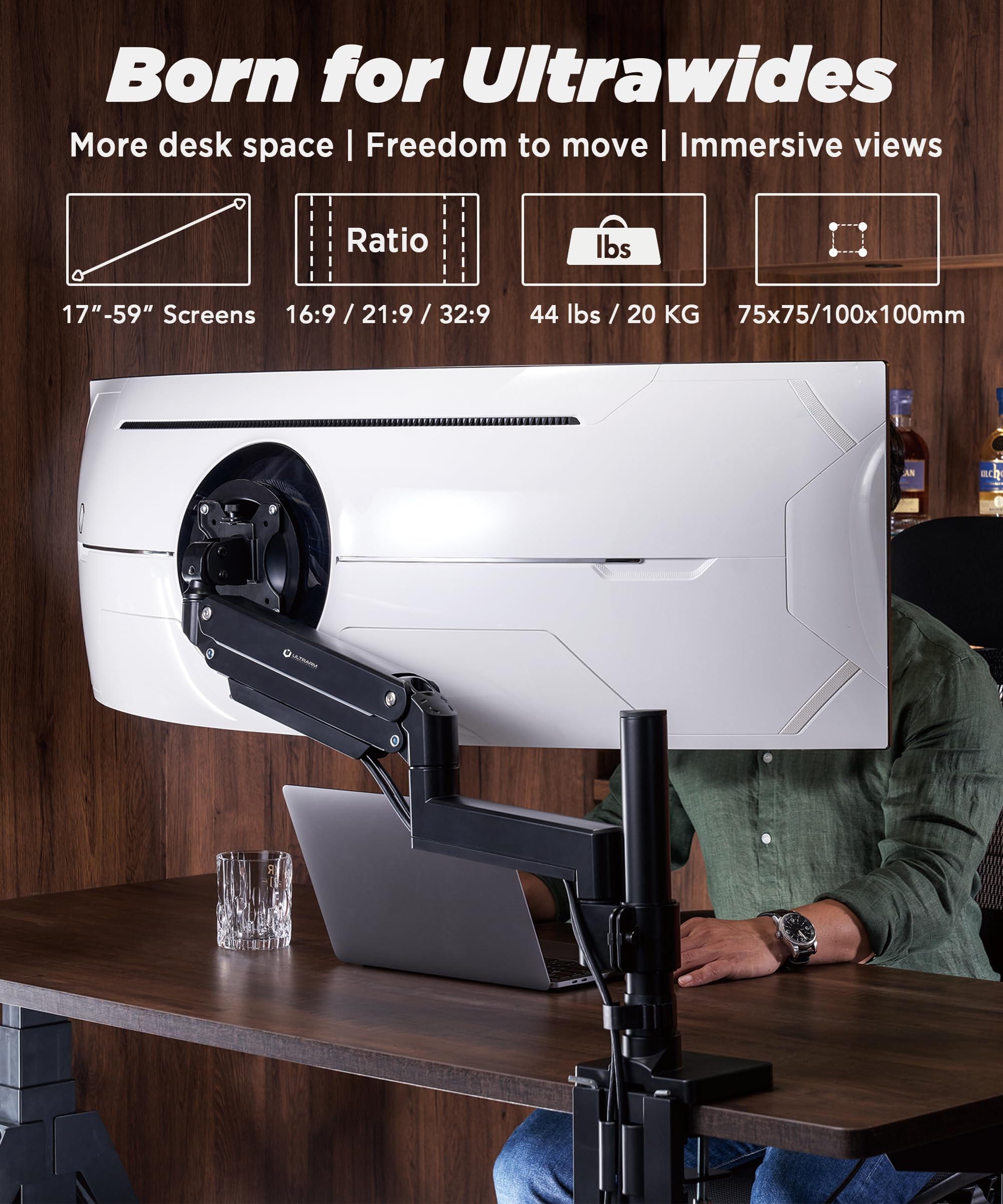 Ultrarm Heavy Duty Monitor Arm For Ultrawide Monitors Up To 57'' And 44 Lbs, Single Desk Stand, Pneumatic Height Adjustable, Mod