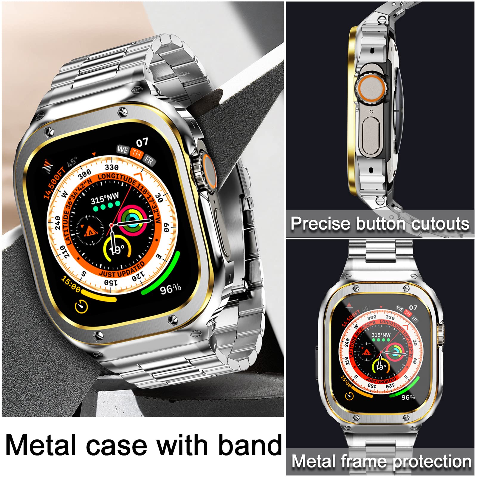 Miohhr Stainless Steel Band And Case Compatible With Apple Watch Band 49Mm, Men Metal Protective Bumper Cover For Iwatch Ultra 2