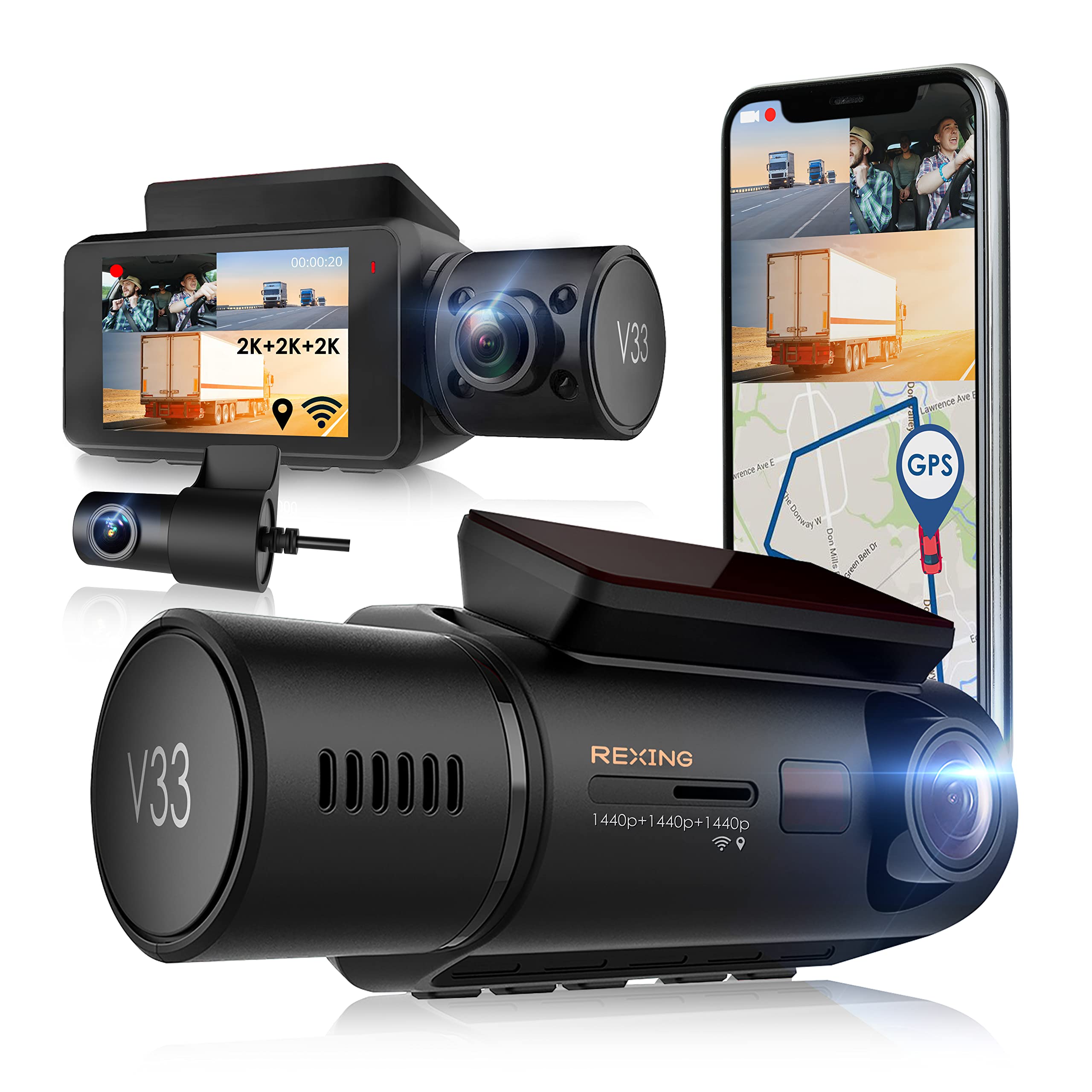 Rexingusa V33 2K 3 Channel Dash Cam Built In Wifi Gps, Car Dashboard Camera Recorder 1440P + 1440P +1440P, 2.7    Lcd, 170 Wide 
