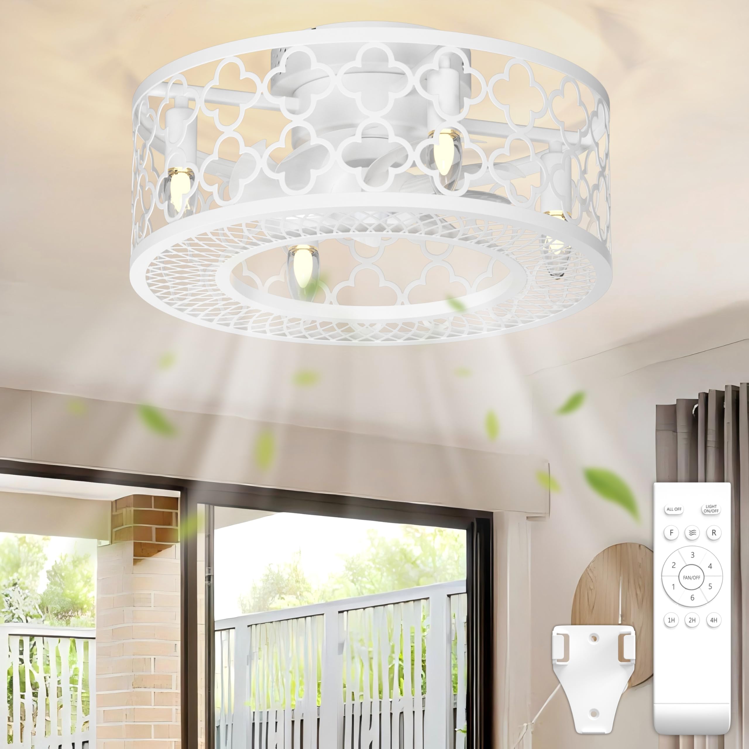 Coolbull White Low Profile Ceiling Fans with Lights and Remote Outdoor Enclosed Bladeless Caged 18 Inch Flush Mount Fixture Smal