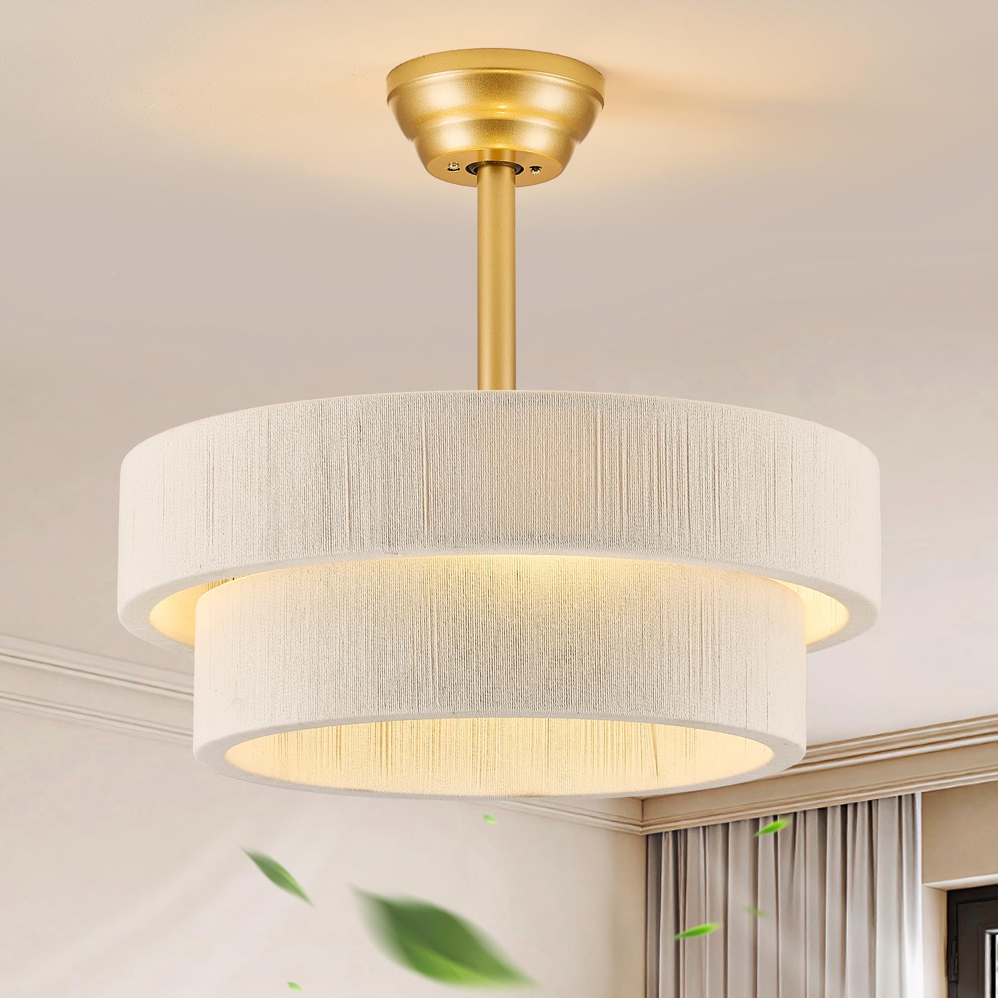 WONGU Boho Ceiling Fan with Light, Caged Fandelier Ceiling Fan with Light and Remote Control, Rattan Chandelier Fan for Bedroom,