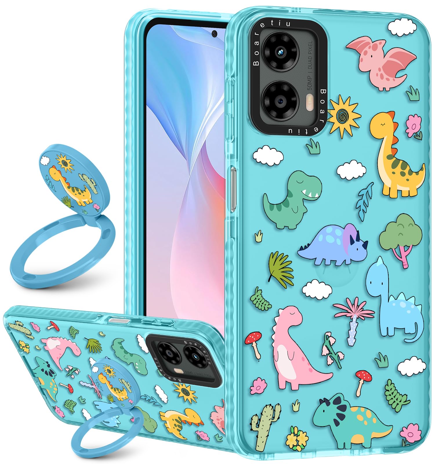 Boaretiu for Motorola Moto G Power/Play 2025 Case - with Stand Cute Kawaii Fashion 360 Rotate Ring Holder Kickstand Dinosaur for
