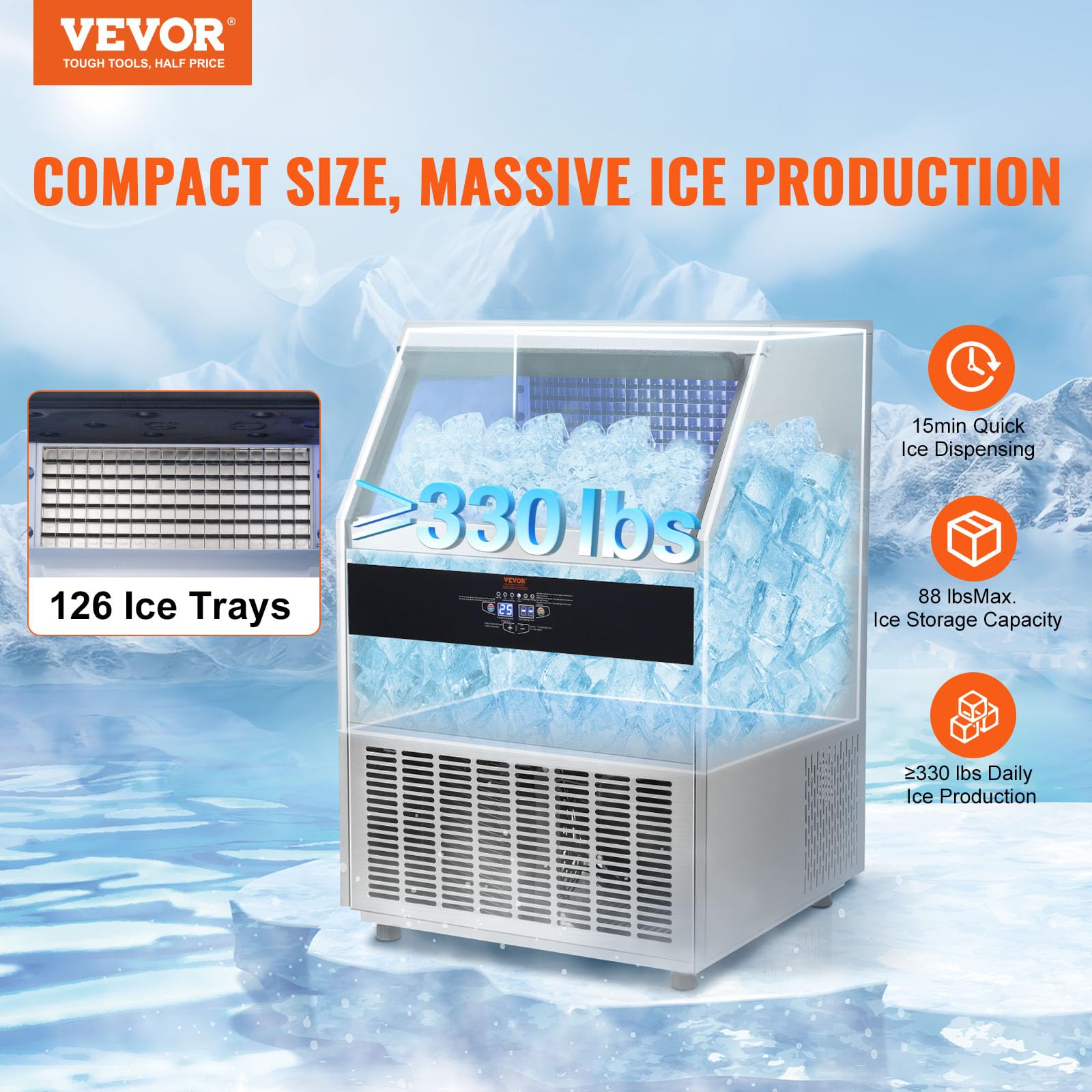 Vevor Commercial Ice Maker Machine, 330Lbs/24H Ice Maker Machine With 88Lbs Storage Capacity, 126 Ice Cubes In 12-15 Minutes, Le