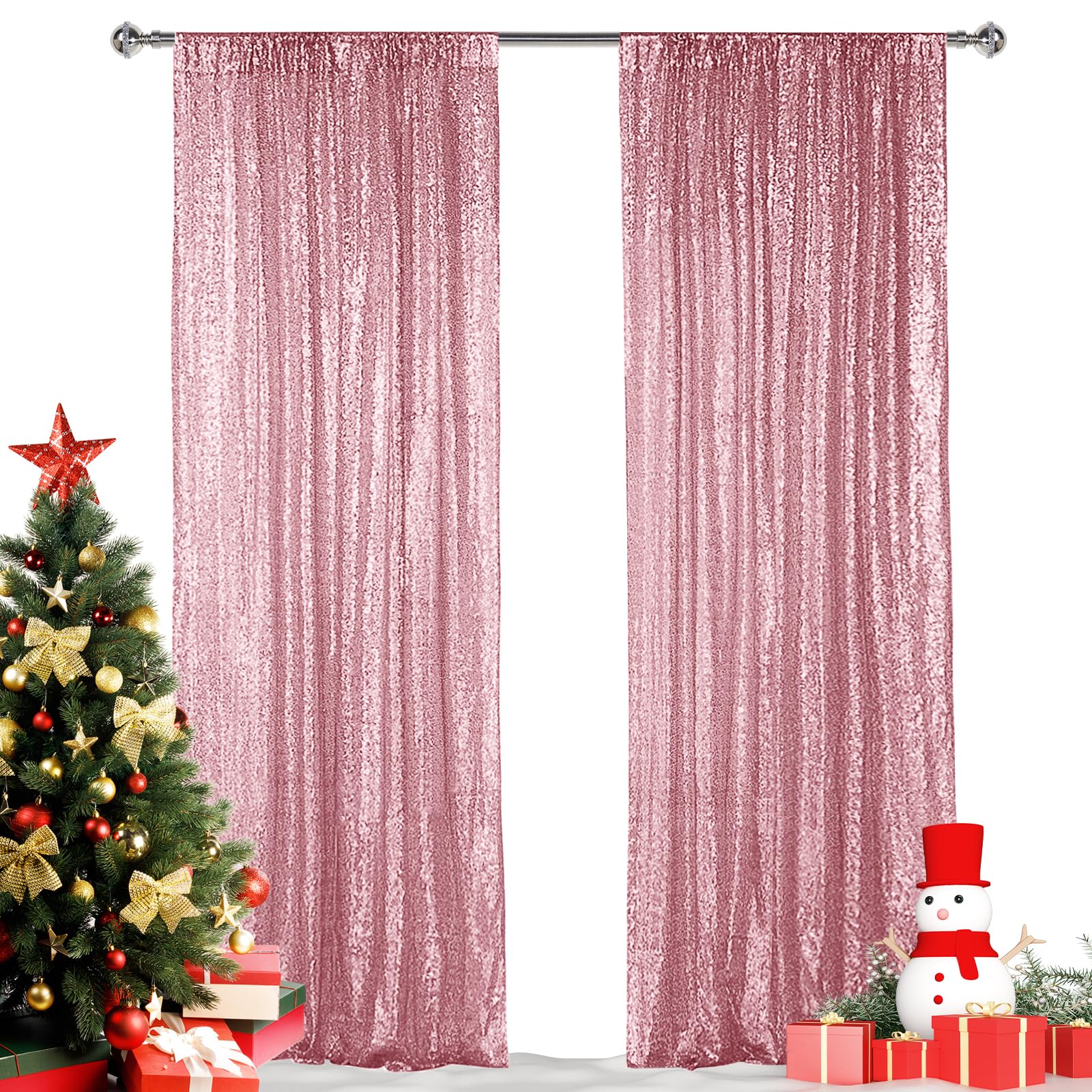 Hahuho Rose Pink Sequin Backdrop Curtain, 2Pcs 2Ftx8Ft Glitter Backdrop Curtain For Parties, Christmas, Wedding, Banquet Decorat