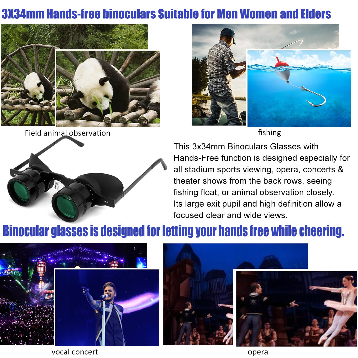 Professional Hands Free Binocular Glasses For Fishing, Bird Watching, Sports, Concerts, Theater, Opera, Tv, Sight Seeing, Hands