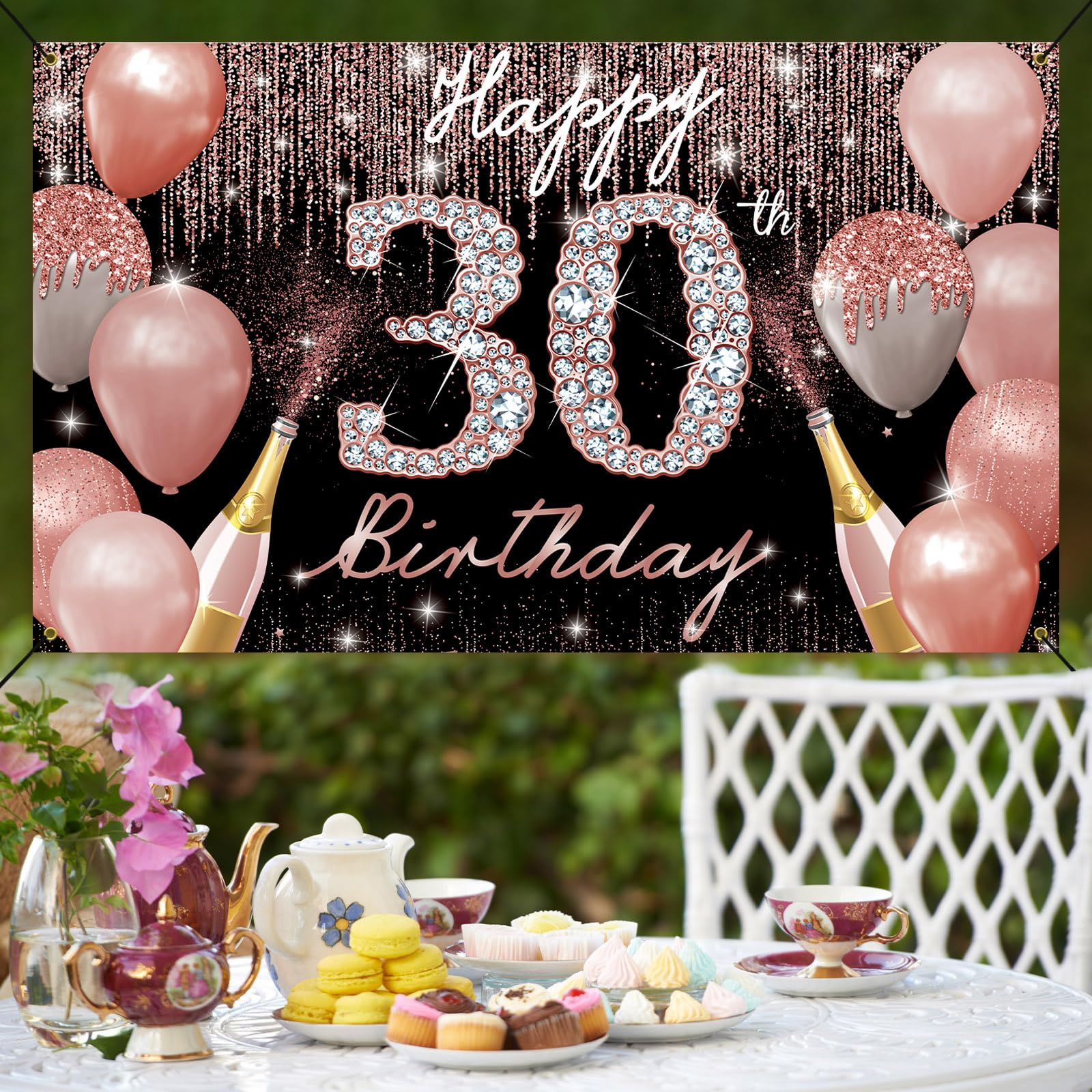 Happy 30Th Birthday Backdrop Banner, 30Th Birthday Decoration For Women Rose Gold, 30 Year Old Birthday Party Yard Sign Photo Bo