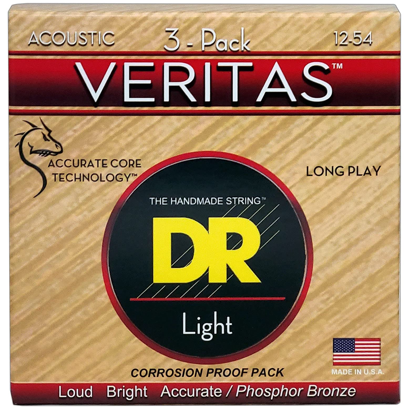Dr Strings Veritas Coated Core Technology Acoustic Guitar Strings, Light 12 54, 3 Pack (Vta 12 3Pk)