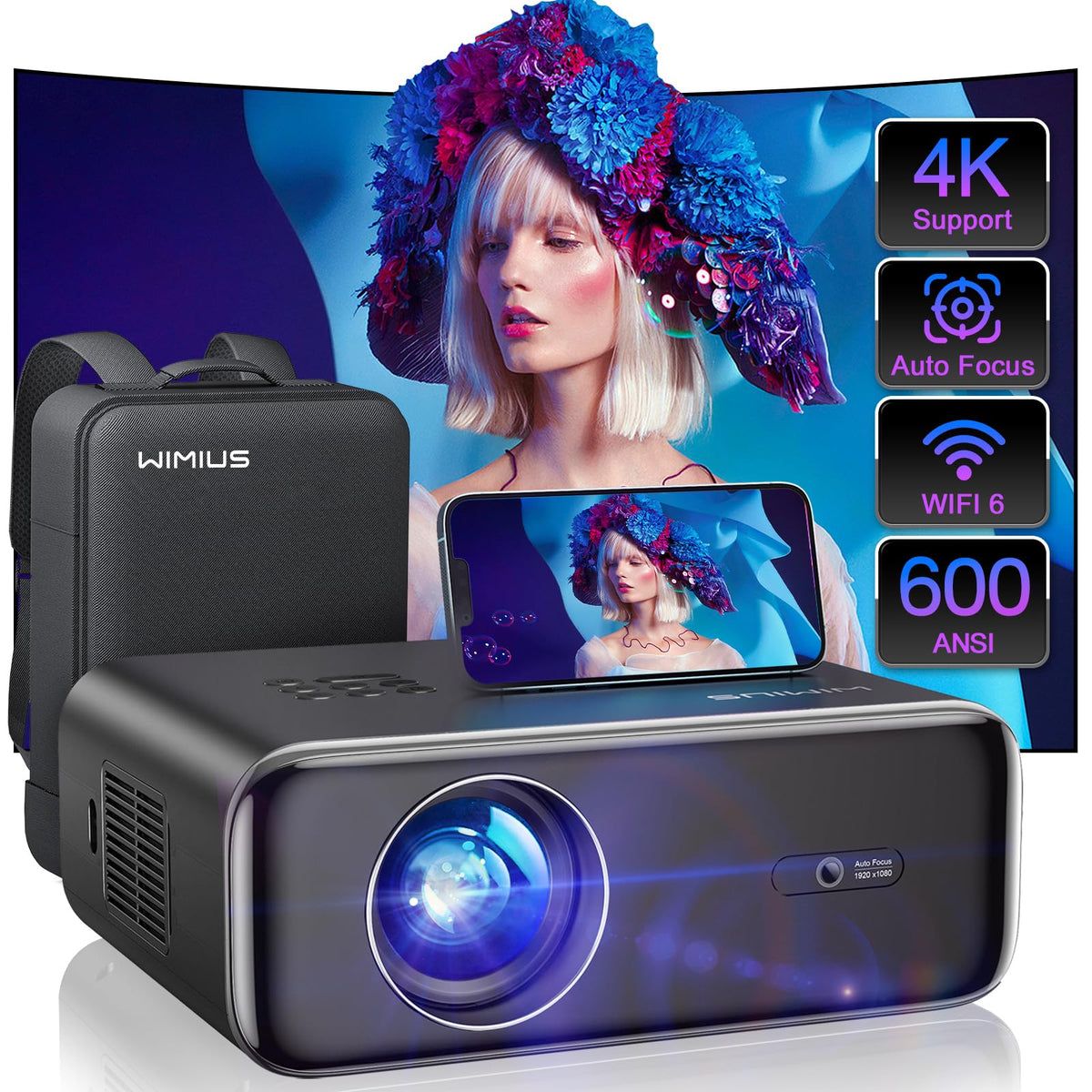 [Auto Focus/4K Support] Projector With Wifi 6 And Bluetooth 5.2, 600Ansi Native 1080P Outdoor Movie Projector, Wimius P62 Auto 6