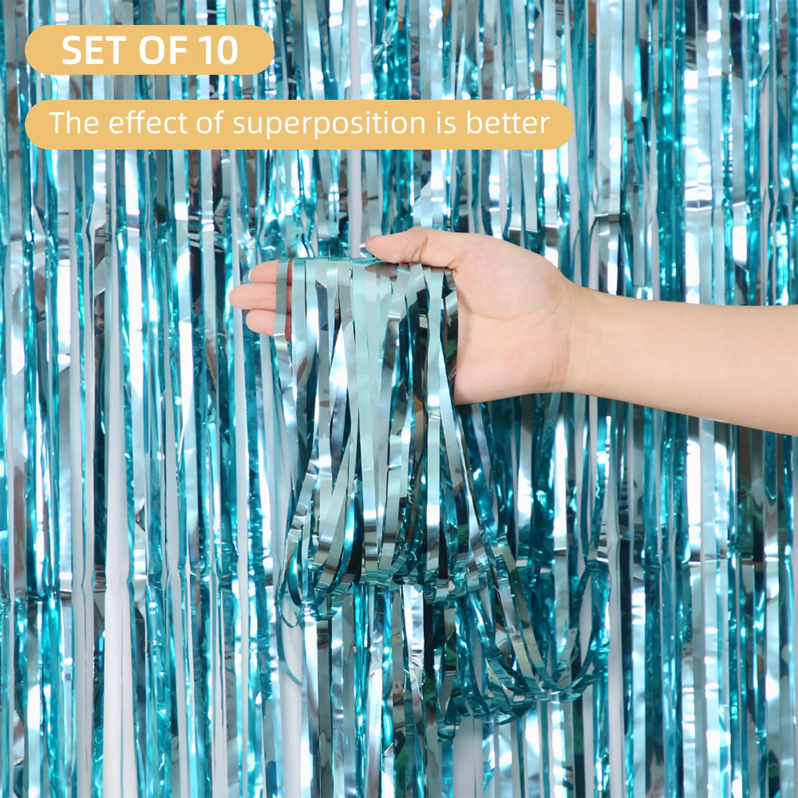 10 Pack Blue Backdrop Curtain 3.2Ft X 8.2Ft Metallic Tinsel Foil Fringe Curtains Photo Booth Background For Birthday Party Decor