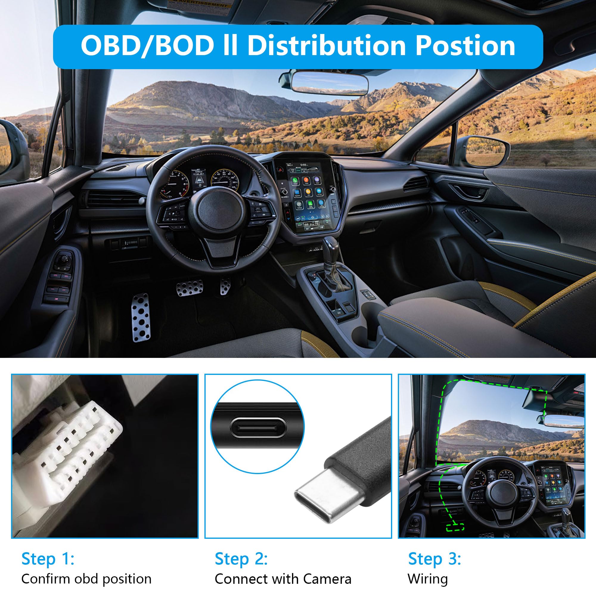 Cerrxian Obd Power Cable For Dash Camera Obd2 To Type C Adapter Hardwire Charger Cable 24 Hours Surveillance/Acc Mode With Low V