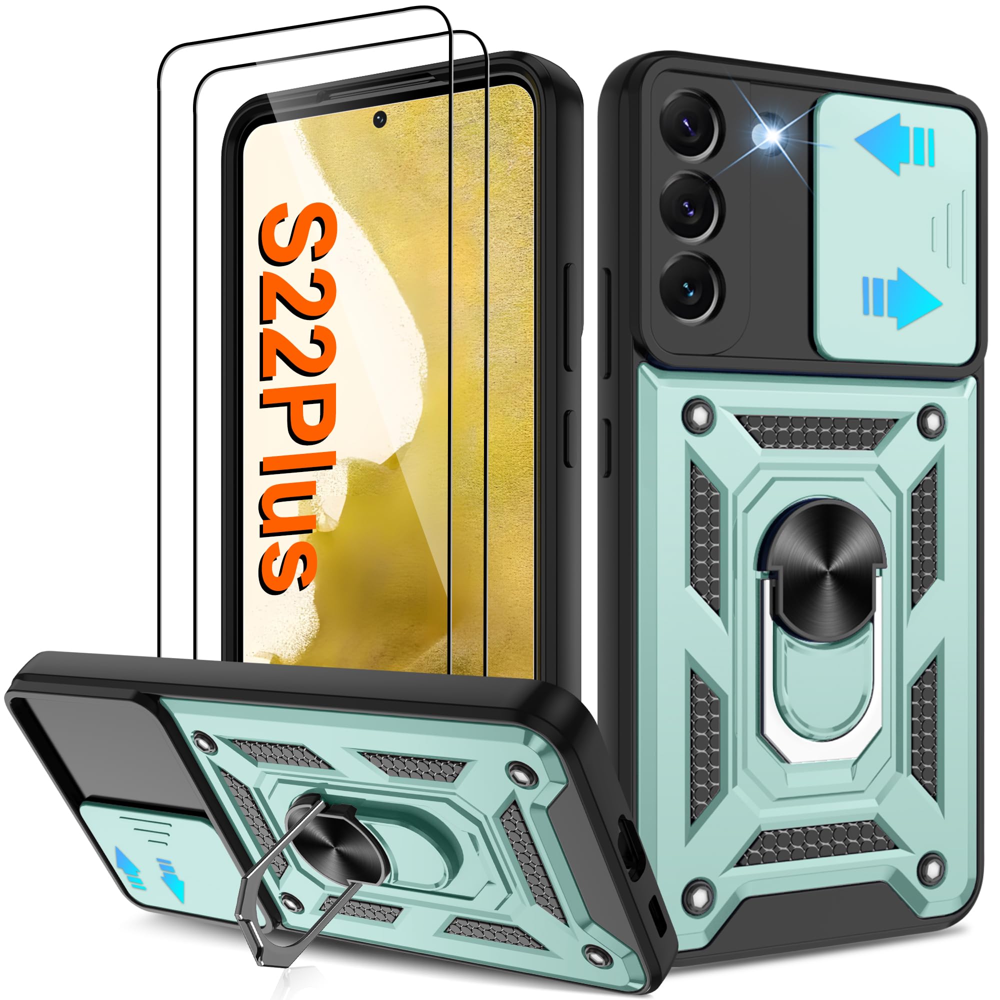 ATUMP for Galaxy-S22 Plus-Case with Camera Lens Cover+ (2 Pcs) HD Screen Protector, [Military Grade] Drop Tested 360 Rotation Ki