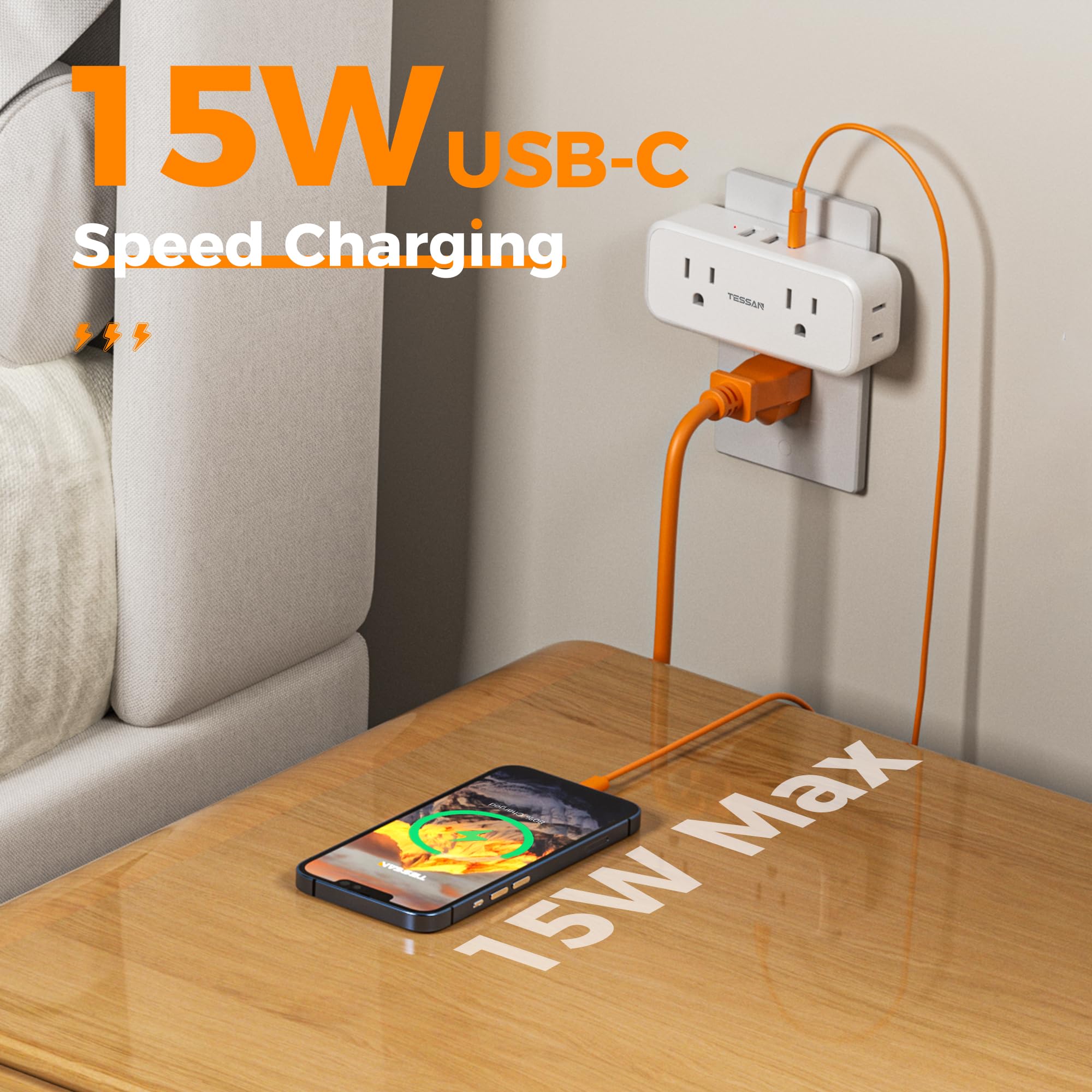 Outlet Extender Surge Protector, Tessan Multi Plug Splitter With 4 Electrical Outlets 3 Usb Ports (1 Usb C), Multiple Wall Plug