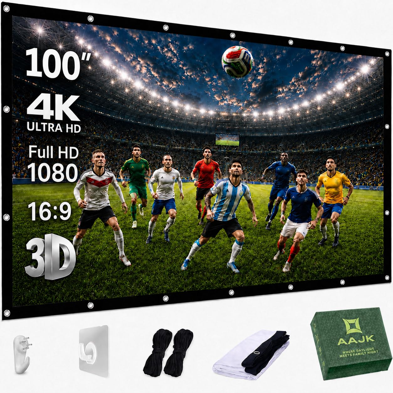 AAJK Outdoor Projector Screen 100 inch, Washable Projector Screen 16:9 Foldable Anti-Crease Portable Projector Movies Screen for