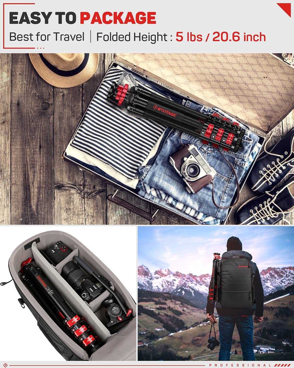 Ifootage Carbon Fiber Travel Tripod, 59'' Professional Video Camera Tripods 4 Sections With Centre Pole,Compatible With Canon, N