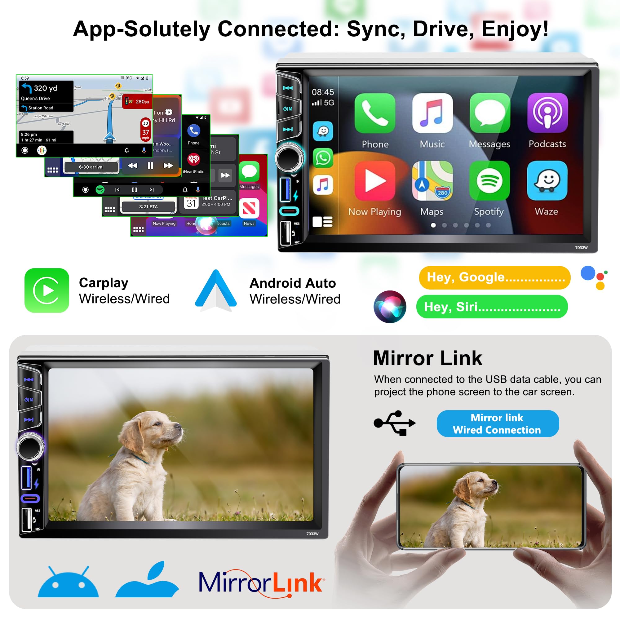 Emeito 7 Inch Double Din Car Stereo With Wireless Apple Carplay&Android Auto, Double Din (7X4.02)Bluetooth 5.0 Hands-Free, Dual