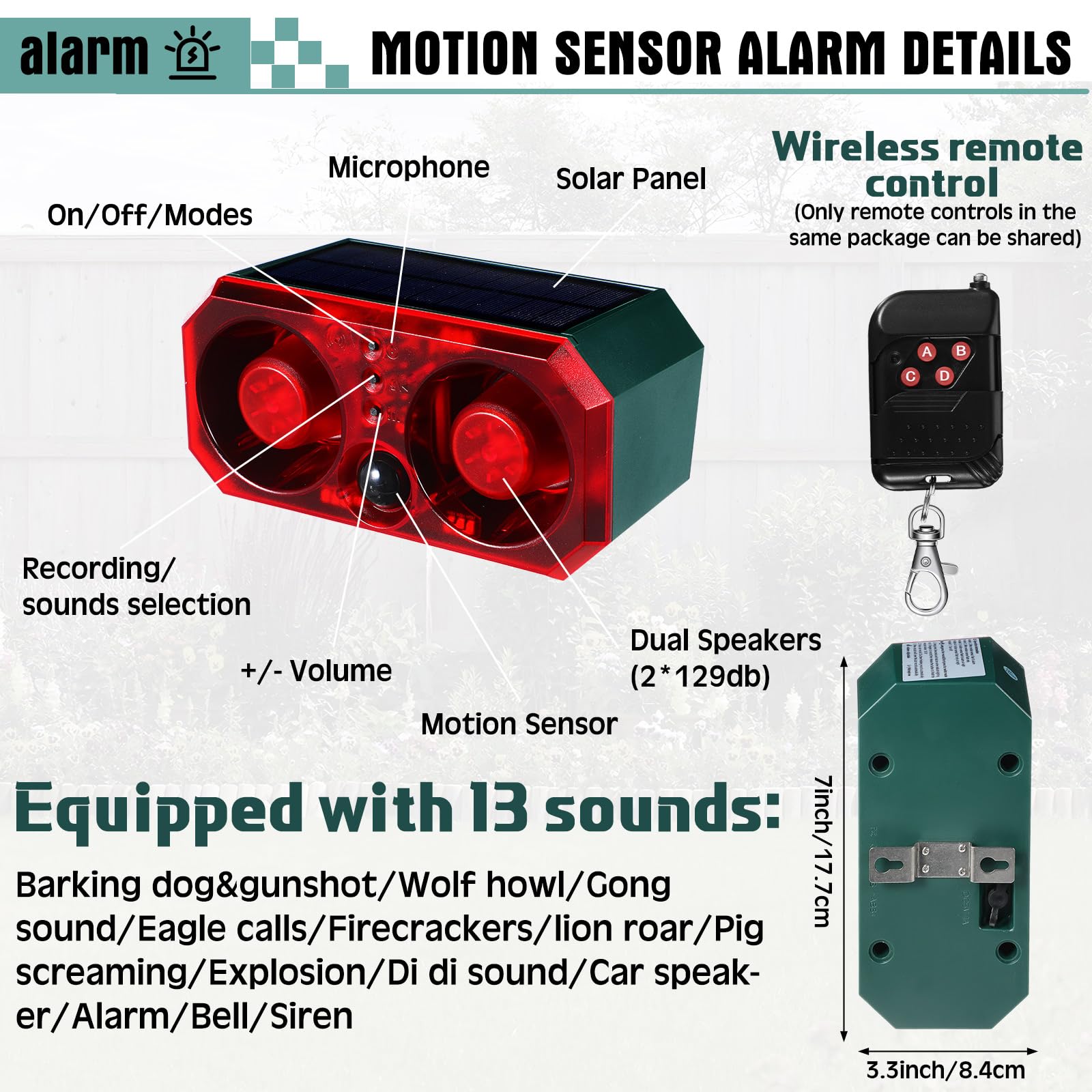 Qualirey 4 Pack Solar Outdoor Ultrasonic Mouse Repellent Animal Deterrent With Alarm Strobe Light Remote Control 129Db Loud Nois