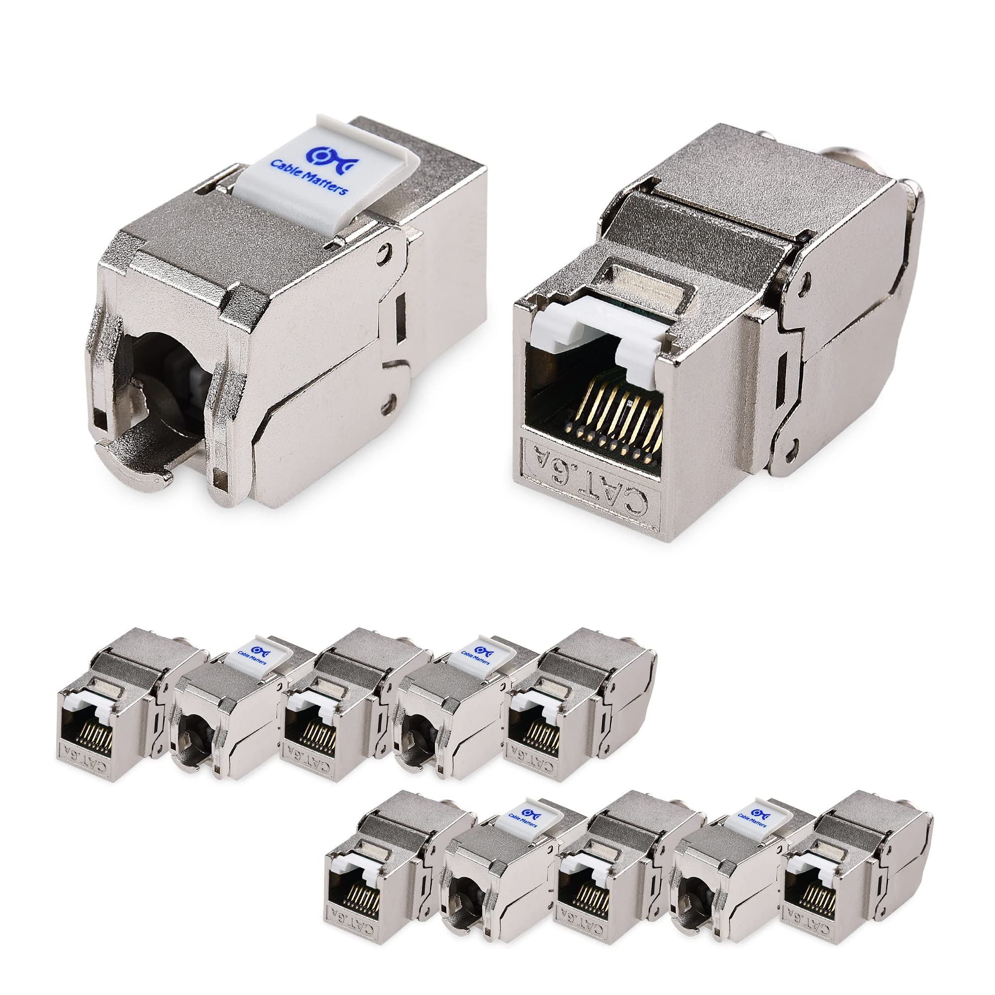 Cable Matters UL Listed 10Gbps 12 Pack RJ45 Shielded Cat6A / Cat6 Keystone Jack with Integrated Shutter