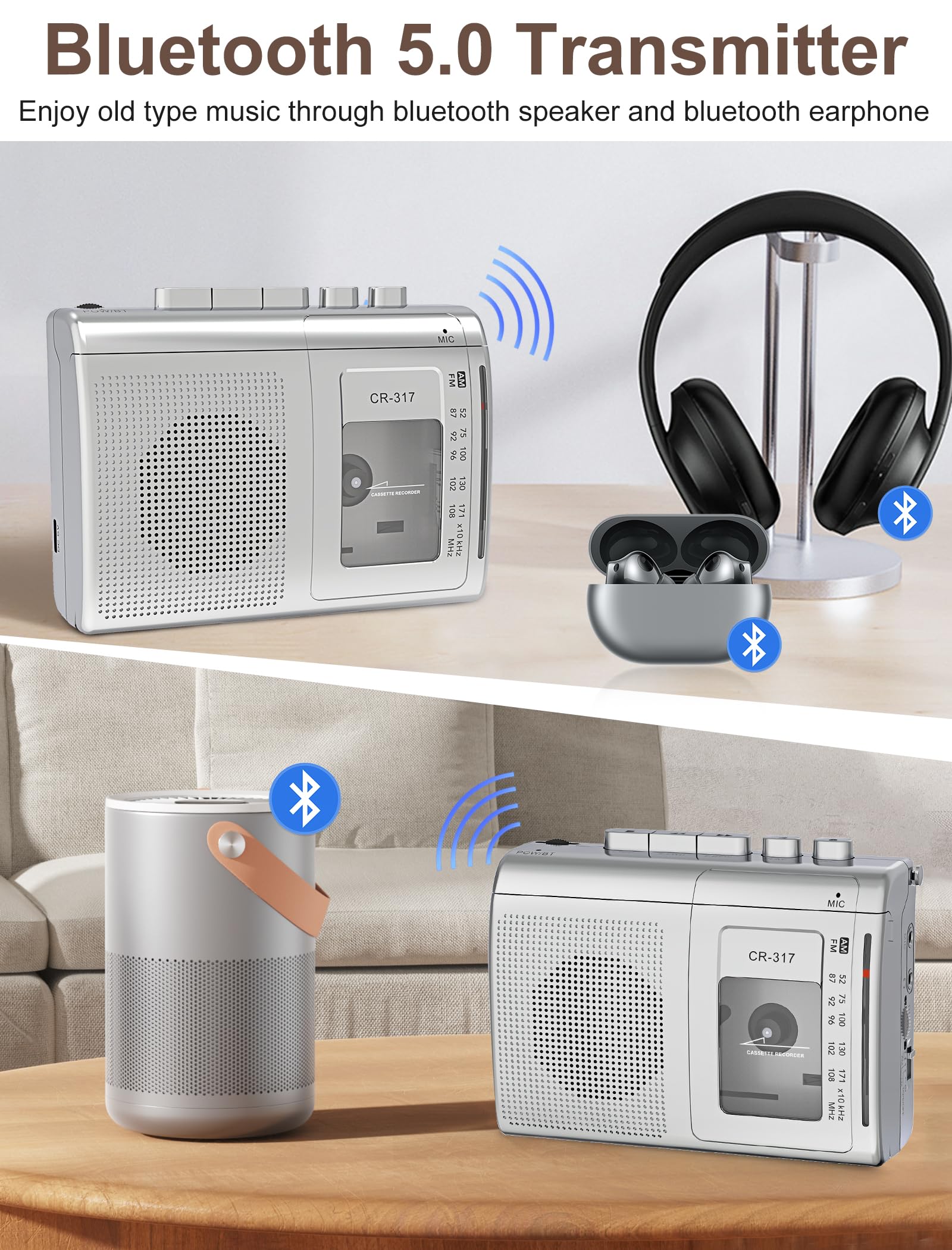 Cassette Player Recorder With Bluetooth Transmitter Walkman, Portable Am Fm Cassette Player With Big Speaker, Stereo Earphone Ja