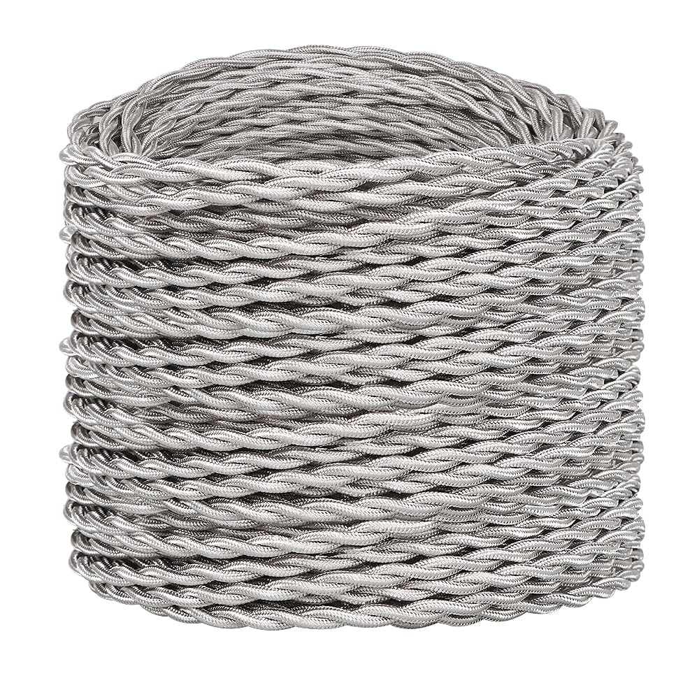 Helunsi 32.8Ft Twisted Cloth Covered Wire, Silver 18/2 Cloth Covered Electrical Wire, 18 Wire Gauge 2 Conductor Fabric Covered L
