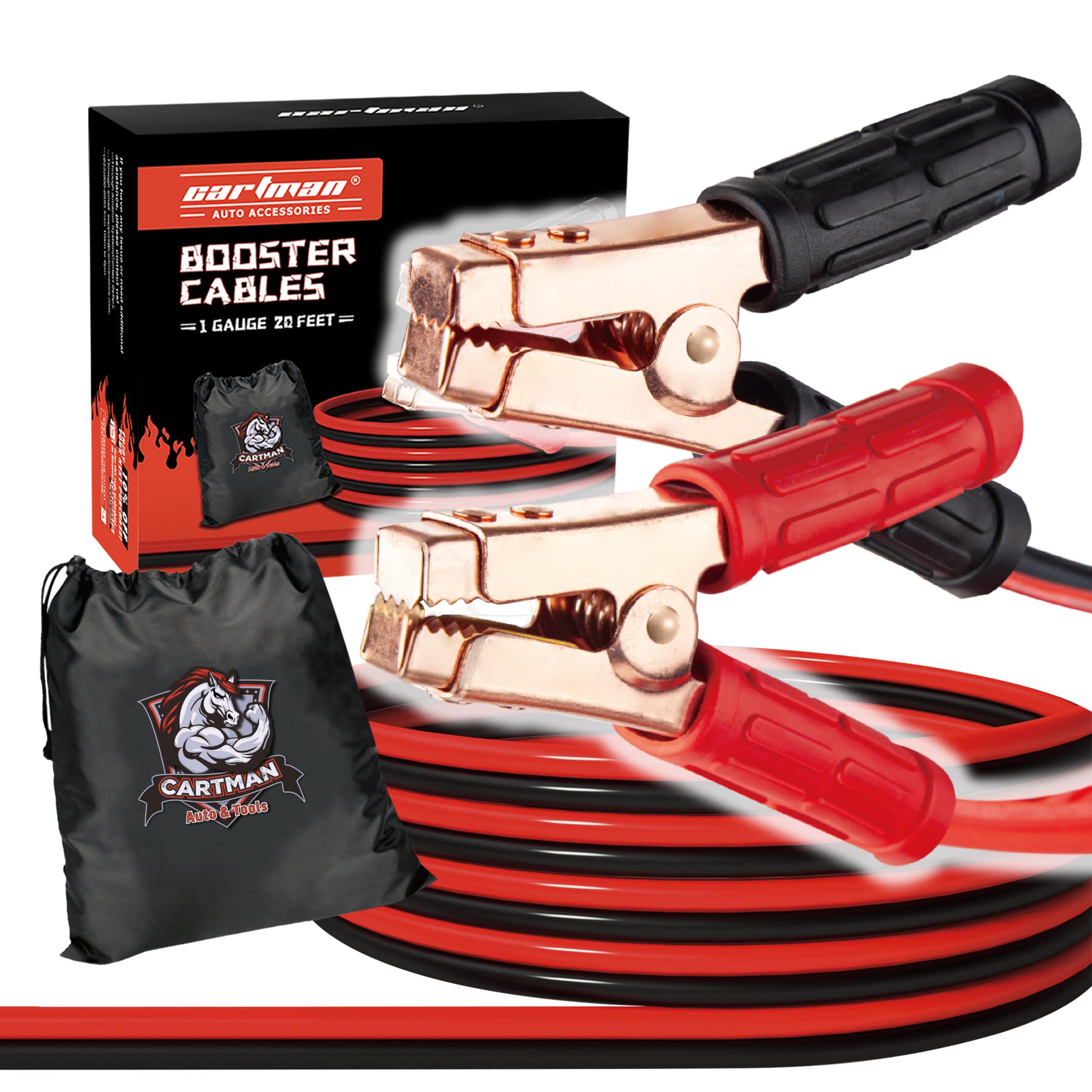 Cartman 1 Gauge 20 Feet Jumper Cables 800Amp Heavy Duty Booster Cables With Carry Bag