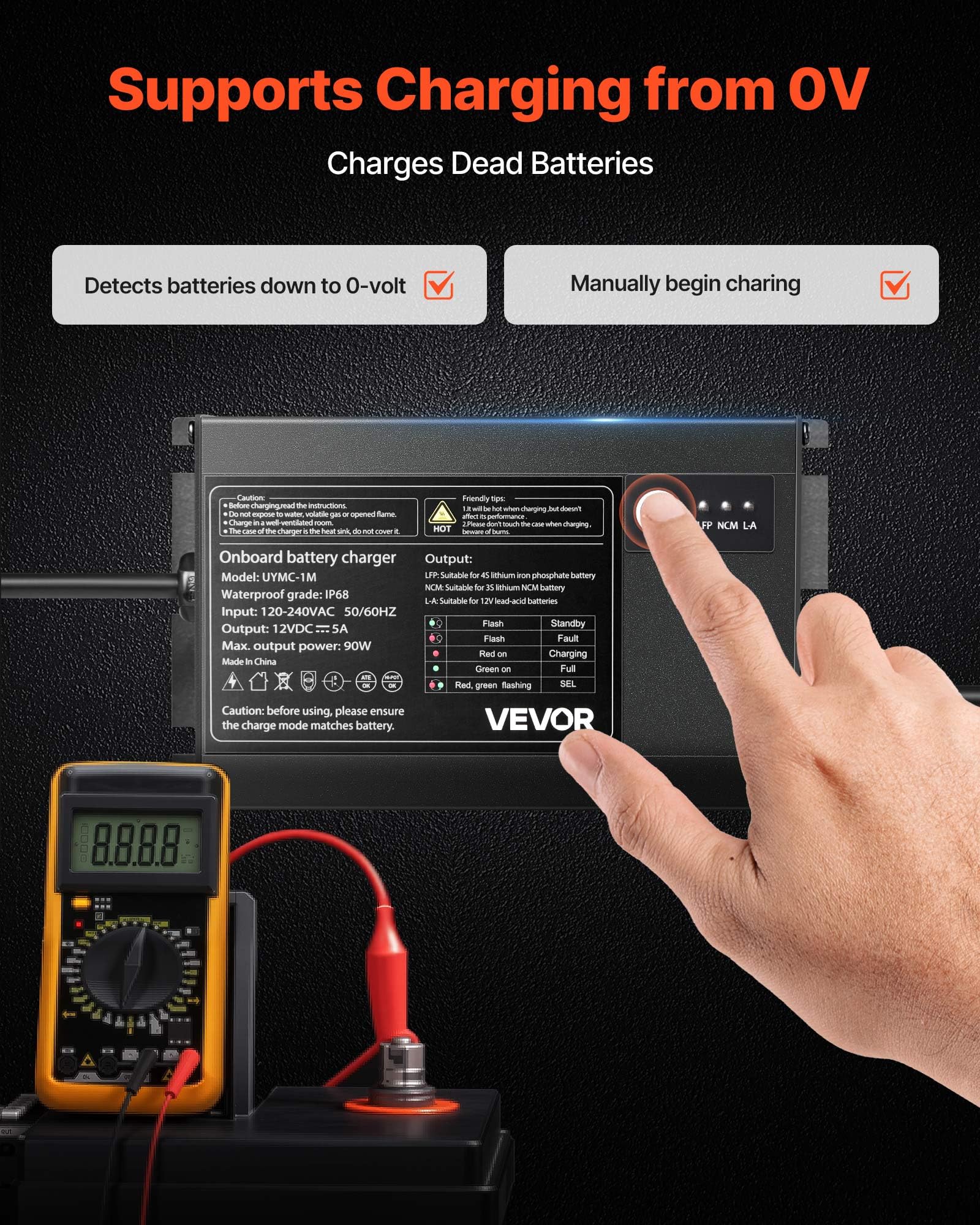 Vevor Marine Battery Charger, 1-Bank, 5A 12V Onboard Boat Charger, Ip68 Waterproof Smart On-Board Battery Charger, For Lithium-I