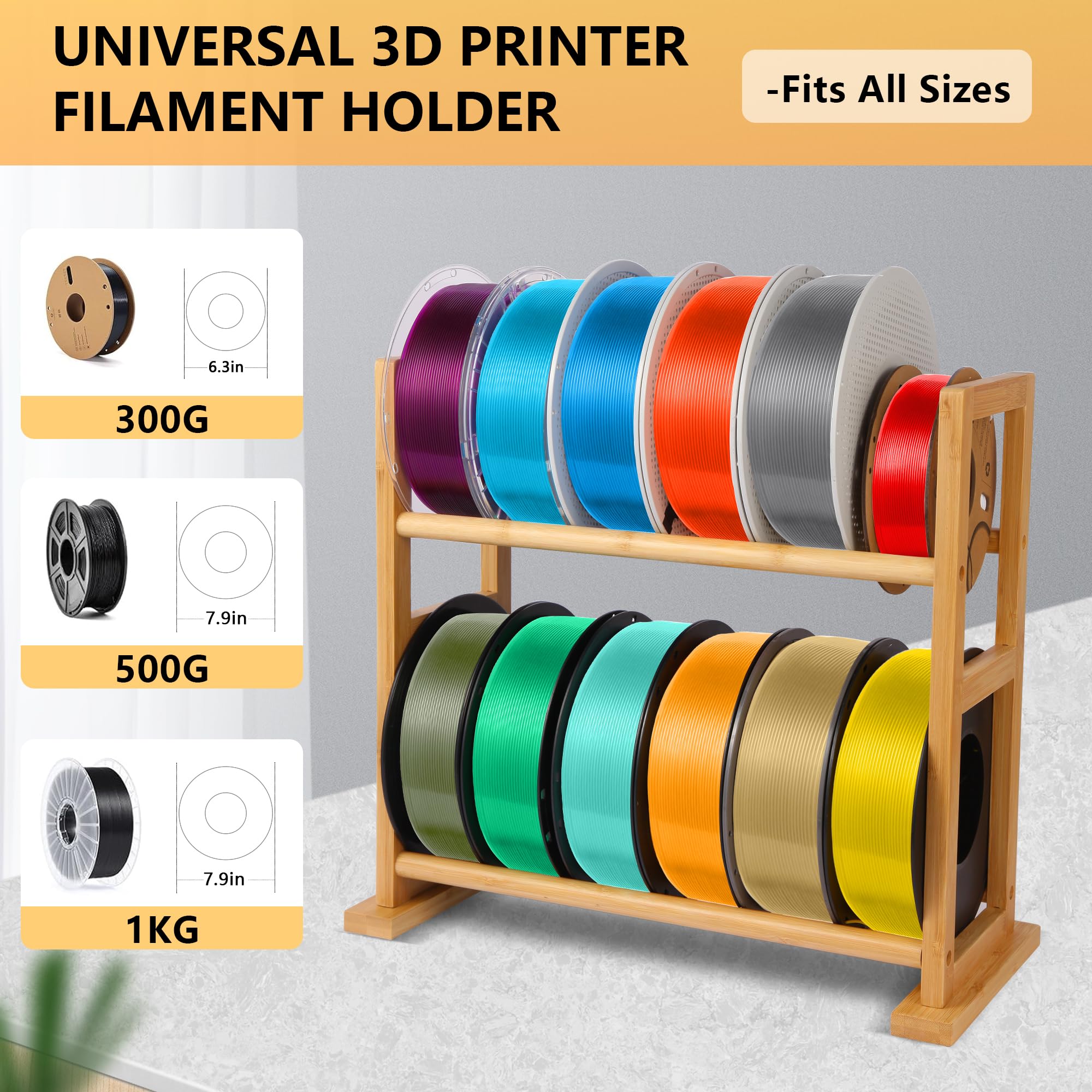 Onemacc 3D Printer Filament Storage Rack Desktop, Wooden 3D Printer Filament Spool Holder Stand, 2 Tier 3D Printer Filament Orga