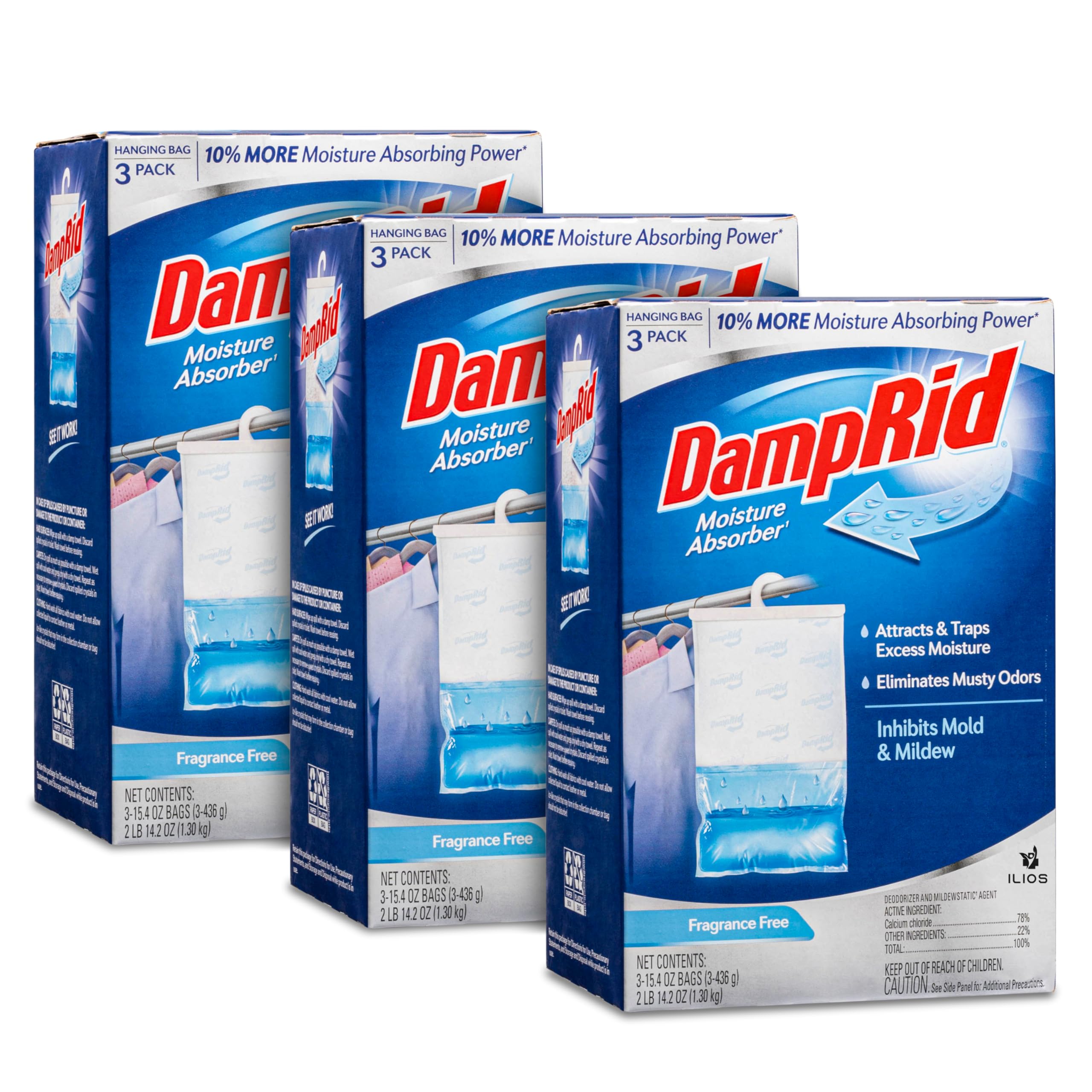 Damp Rid Hanging Bag Moisture Absorbers - 3 Packs of 3-15.4oz (Fragrance Free) - Closet Deodorizer Odor Eliminator, 10% More Moi