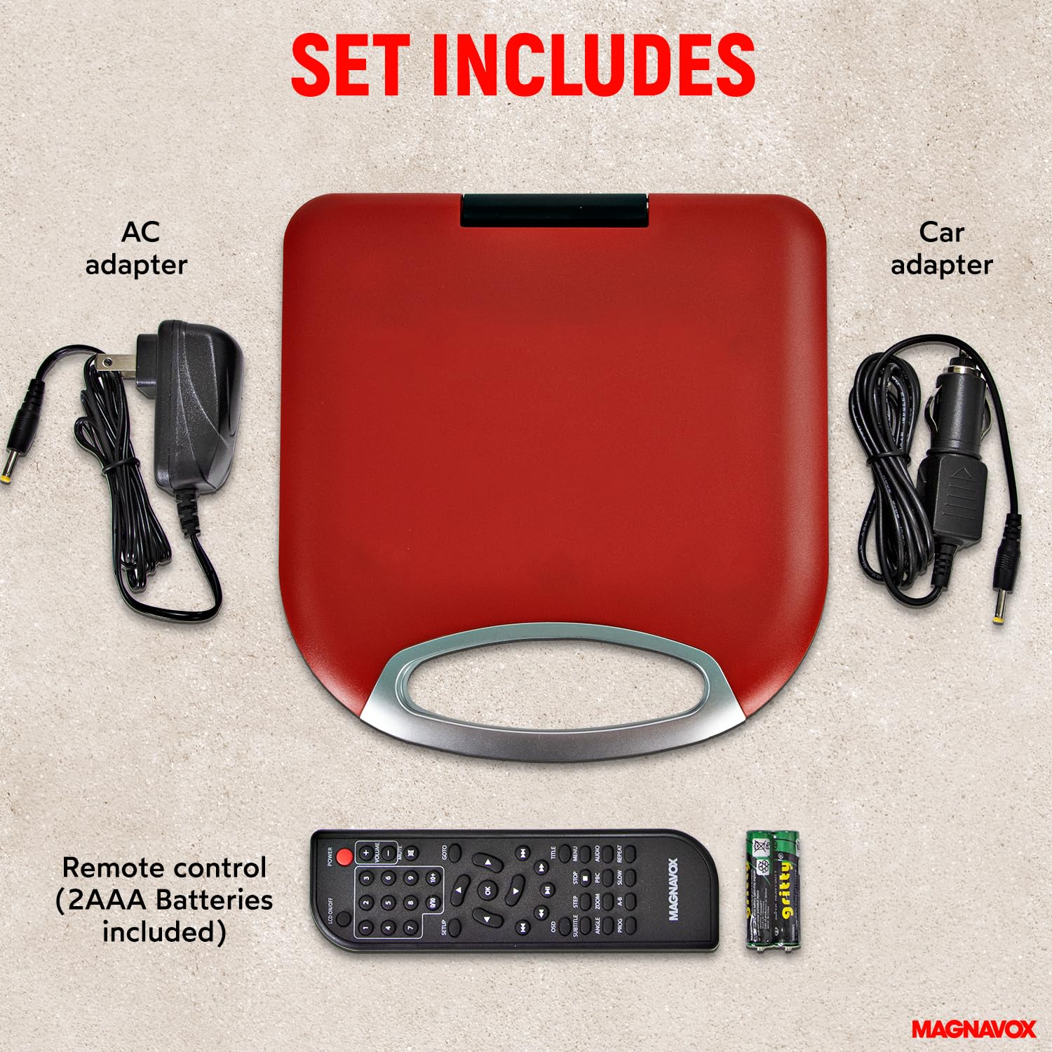 Magnavox Mtft750-Rd Portable 7 Inch Tft Dvd/Cd Player With Remote Control And Car Adapter In Red | Rechargeable Battery | Headph